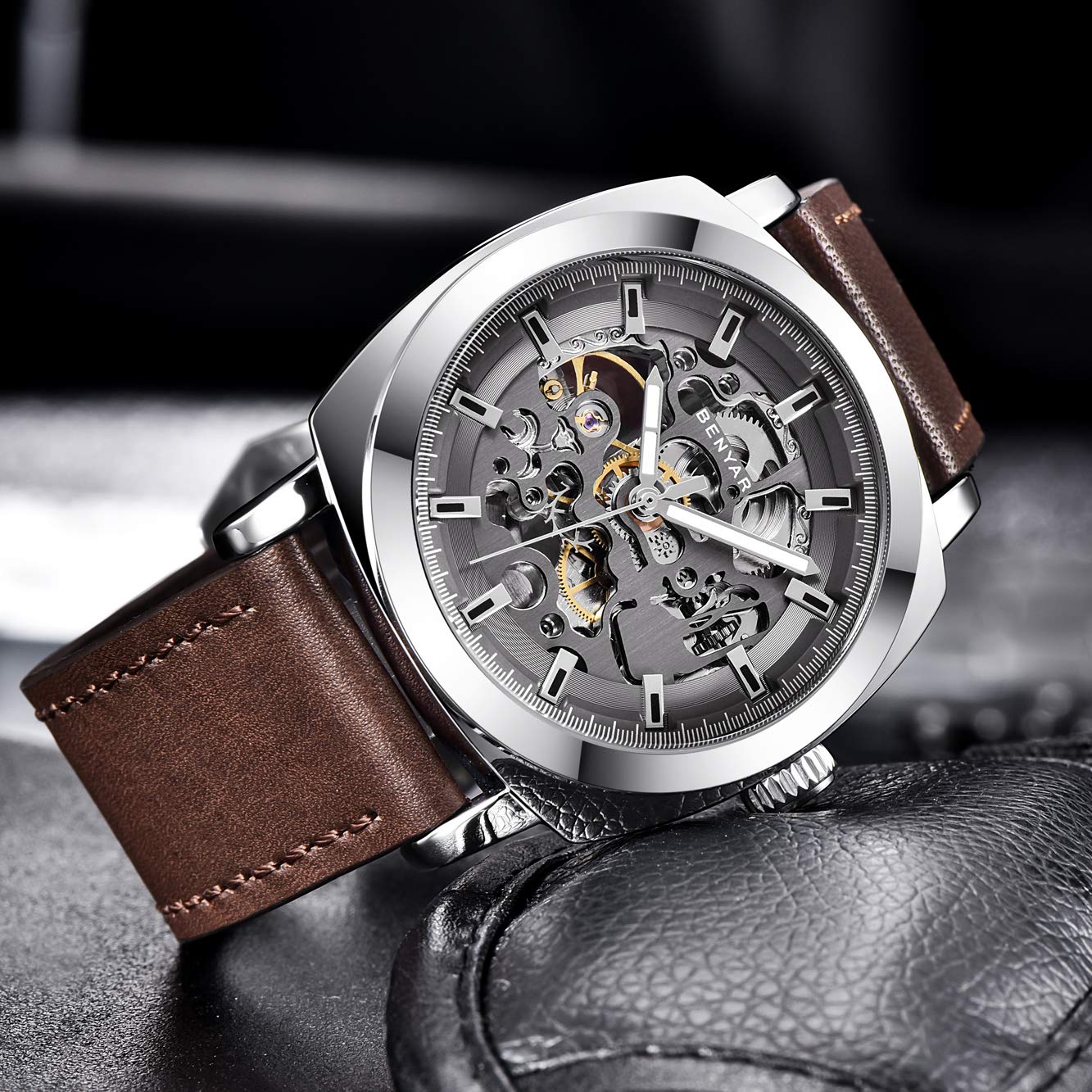 BENYAR - Montre mécanique Automatique pour Homme - Bracelet en Cuir - Mouvement doré - Cadran Squelette de 45 mm - Résistant à l'eau et aux Rayures - Cadeau élégant pour Homme