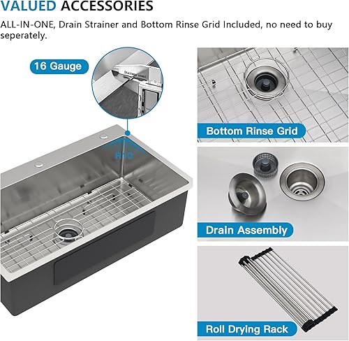 Miniatura 140 de Fregadero de lavandería de 25 x 22 pulgadas, montaje superior, acero inoxidable T304, calibre 16, 12 pulgadas de profundidad, fregadero individual