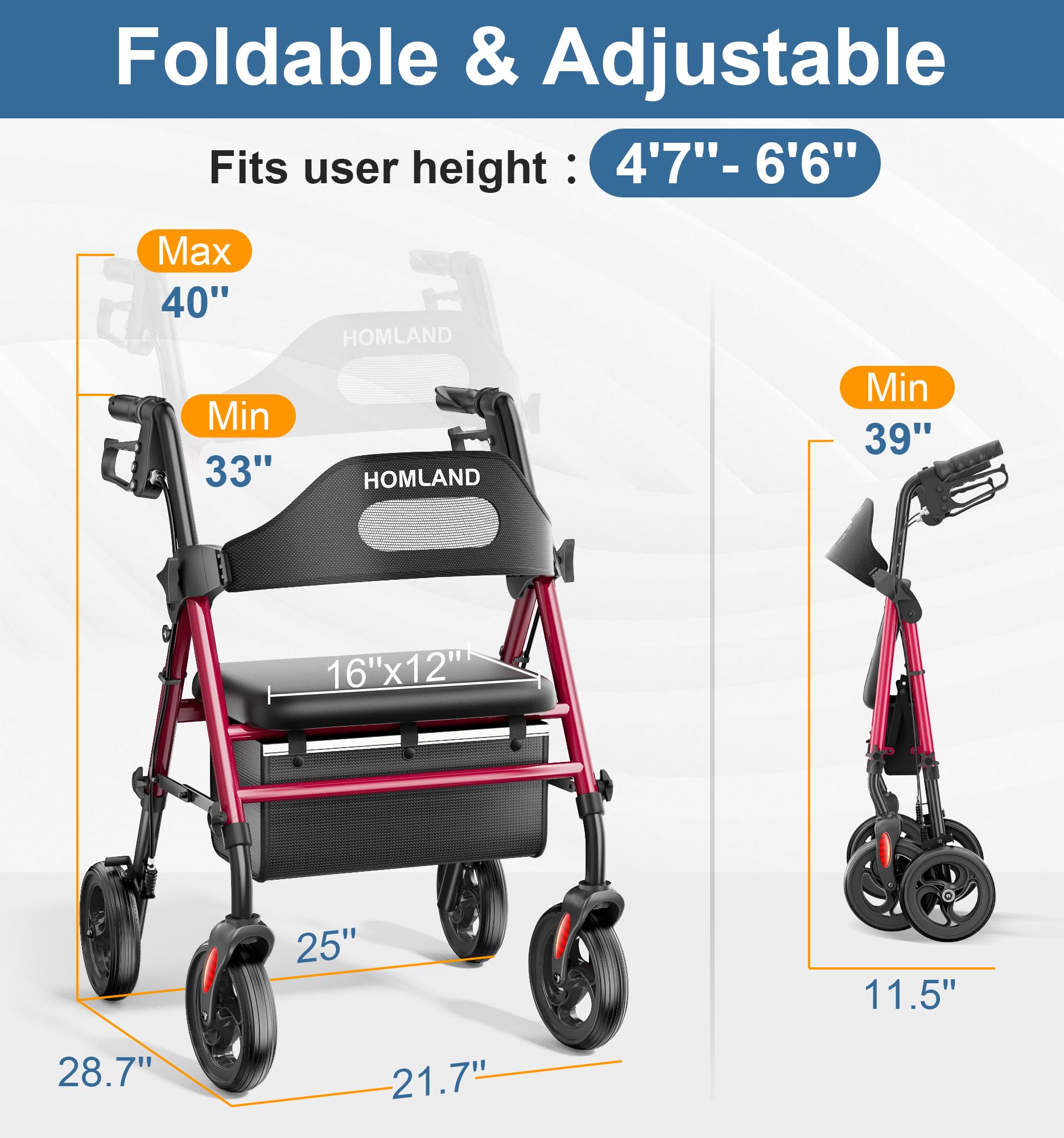 HOMLAND Foldable Rollator Walker for Seniors with Seat, 16" Extra-Wide Seat — Amazon image 6