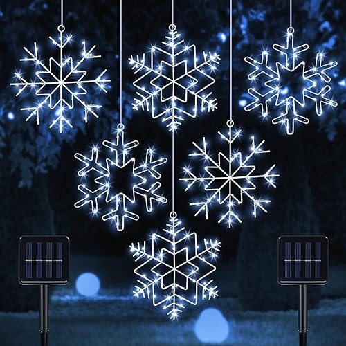 Miniatura 1 de Juego de 2 tiras de luces solares de copo de nieve de Navidad, 138 luces LED de 20 pies para exteriores, impermeables, blancas frías, 8 modos, luces