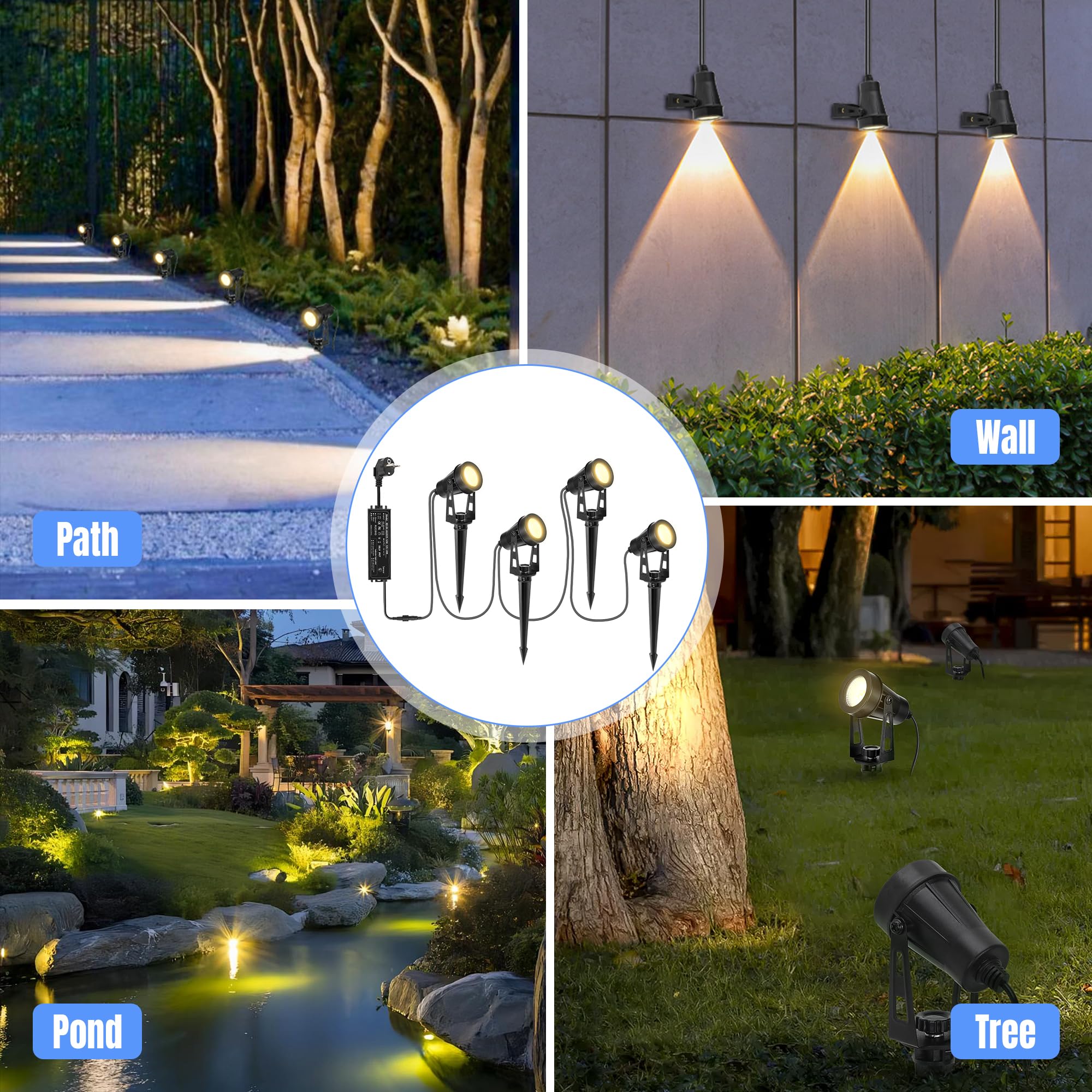 Focos Exterior Jardin, 4 Piezas/14M Foco Proyector Exterior Con Temporizador y Función de Sensor de Luz, 3000K Blanco 12V IP65 Resistente al agua Focos Jardin con Espiga Para