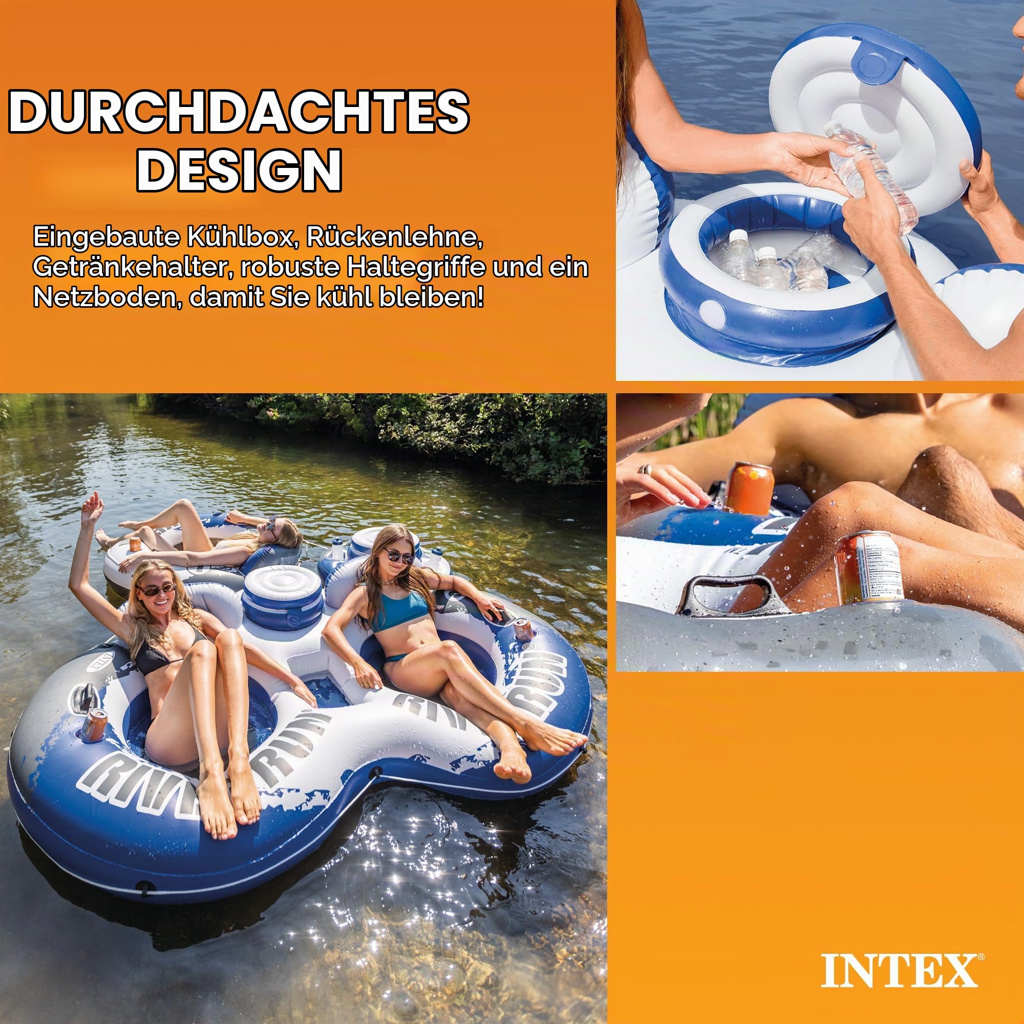 Intex River Run II Aufblasbarer 2-Personen-Pool-Schwimmkörper mit befestigtem Kühler und Reparaturset
