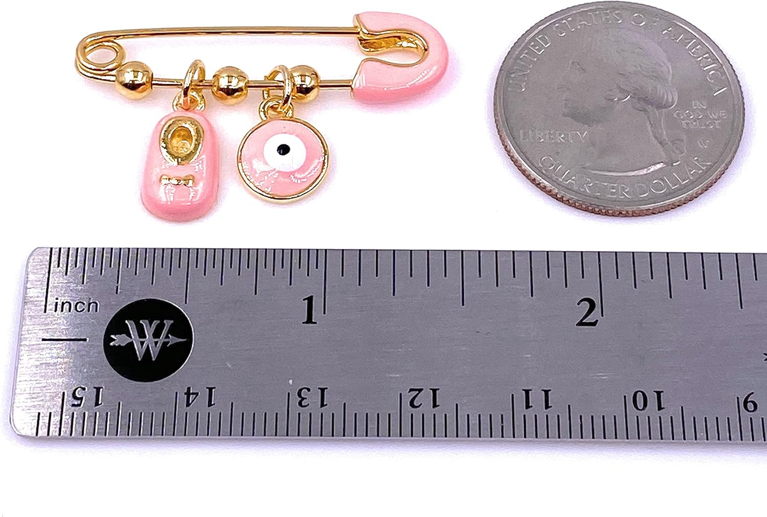 LESLIE BOULES It's A Girl 18K Gold Plated Brooch Pin for Baby Pink Evil Eye & Tiny Shoe Pendants