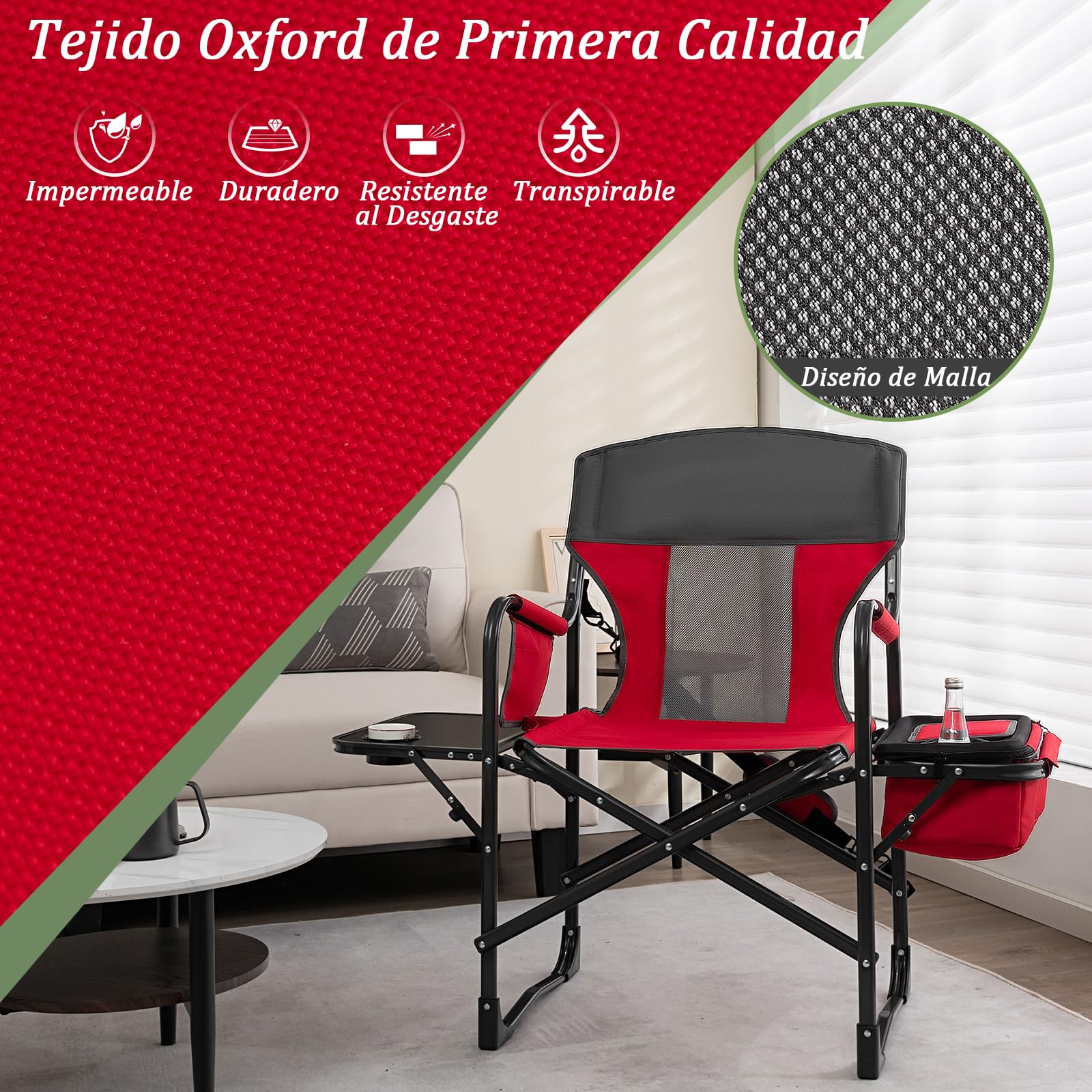 GOPLUS Silla Alta de Director, Silla Plegable para Maquillaje con Mesa Lateral, Portavasos, Bolsillo de Almacenaje, Bolsa de Malla y Reposapiés, Carga150 kg, Ligera para Camping (Rojo+Gris)