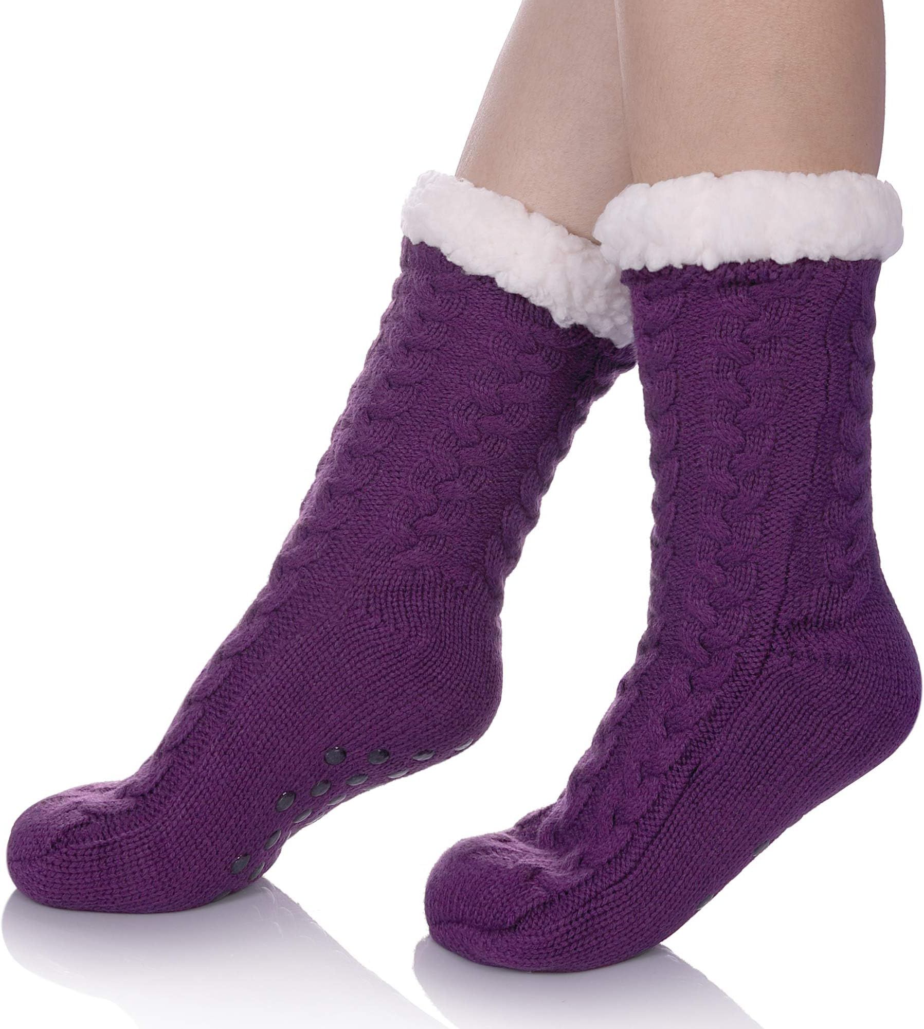 Womens Girl Soft Knee High Warm Winter Fuzzy Fleece Lined Slipper Socks (Purple)