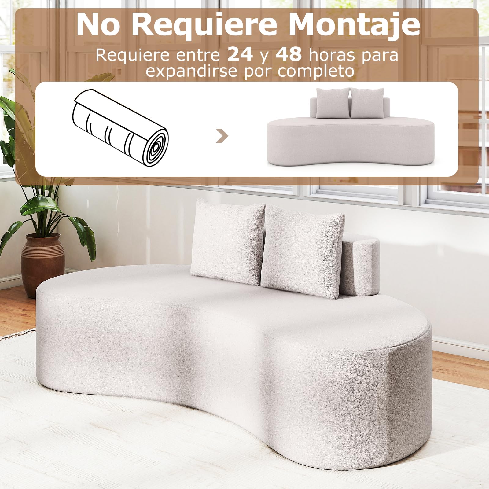 COSTWAY 199 cm Sofá de Compresión Curvo Tapizado con 2 Almohadas, Respaldo Bajo y Amplio Asiento Acolchado con Esponja, Base Antideslizante, sin Montaje, Sofá de Suelo para Salón, Dormitorio (Gris)