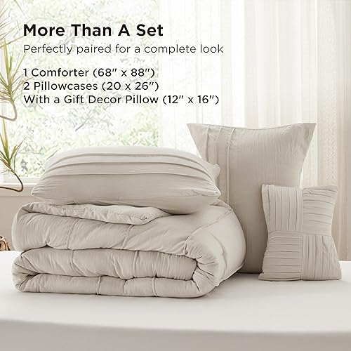 Miniatura 6 de Bedsure Juego de edredón tamaño individual, juego de cama plisado de 3 piezas, ropa de cama bohemia beige para todas las estaciones, 1 edredón