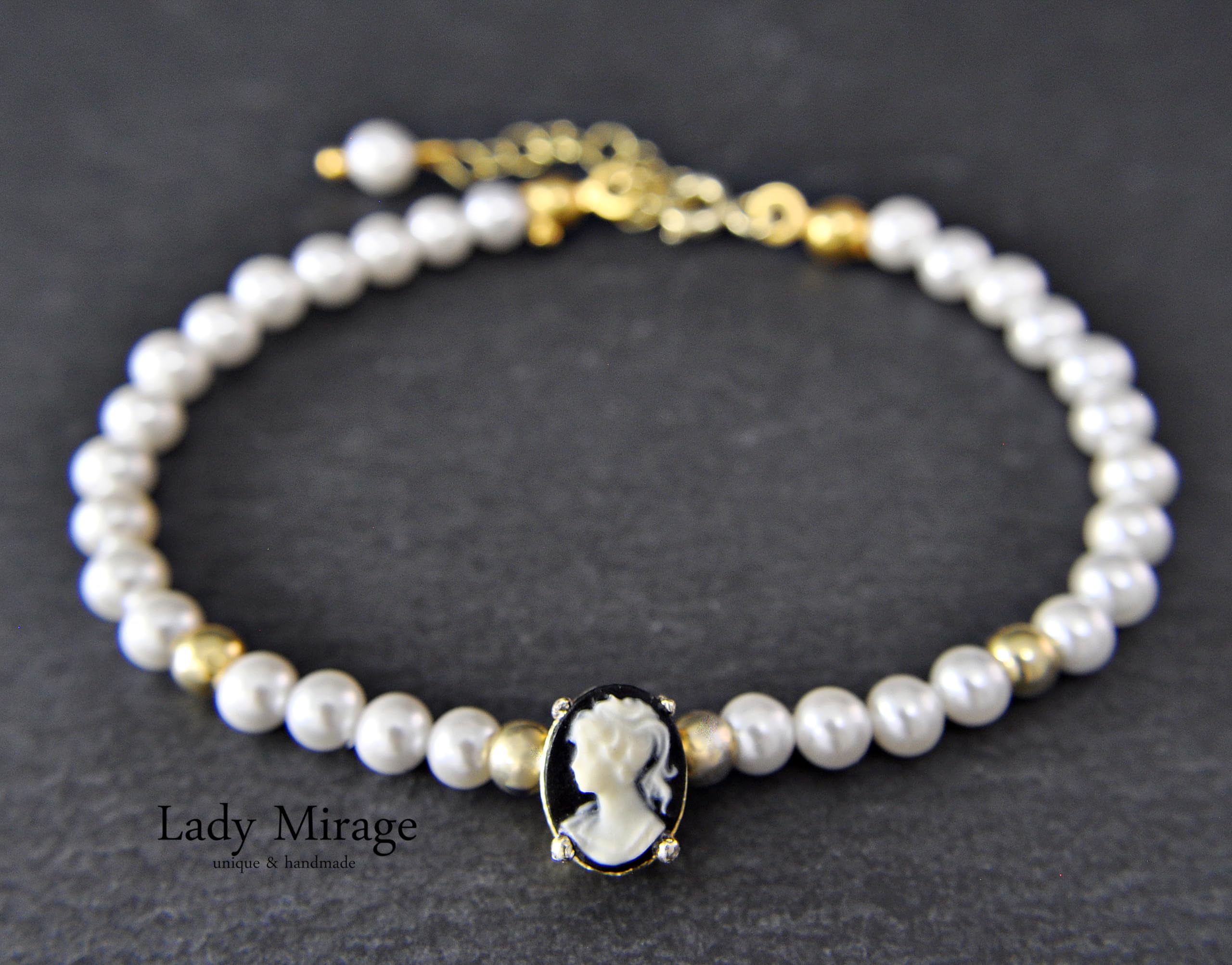 LADY MIRAGE - Perlen Schmuckset Damen - Vintage Halskette Damen - Perlmutt Armband - Gemme - Kamee - 925 Sterling Silber Vergoldet - Handgefertigte Geschenk - Schmuck - Weihnachtsgeschenk