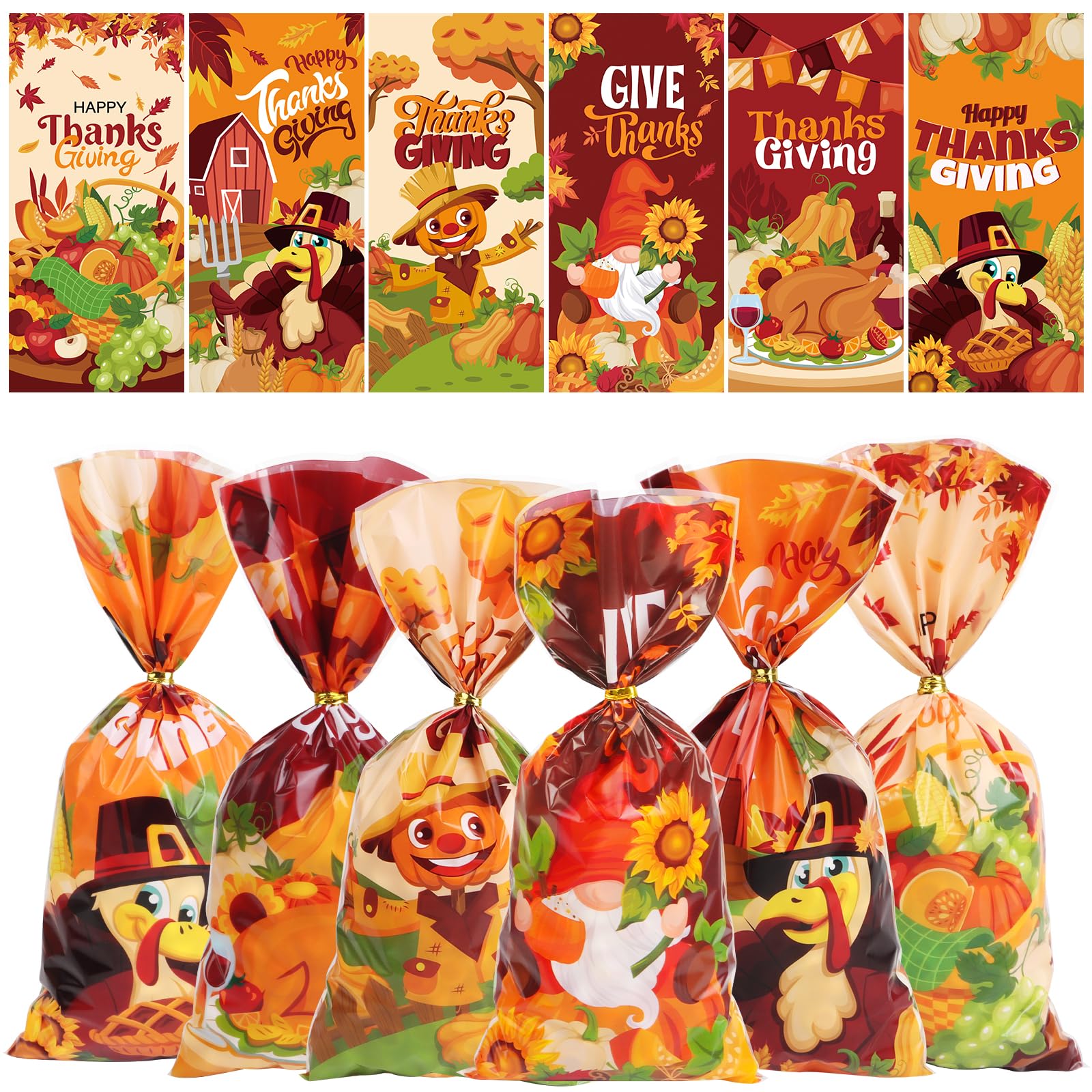 Whaline 120-Pack Fall Party Treat Bags - Gold Foil Pumpkin & Maple Leaf Design, 5.9x3.1x8.3 Inch Goodie Bags For Autumn & Thanksgiving