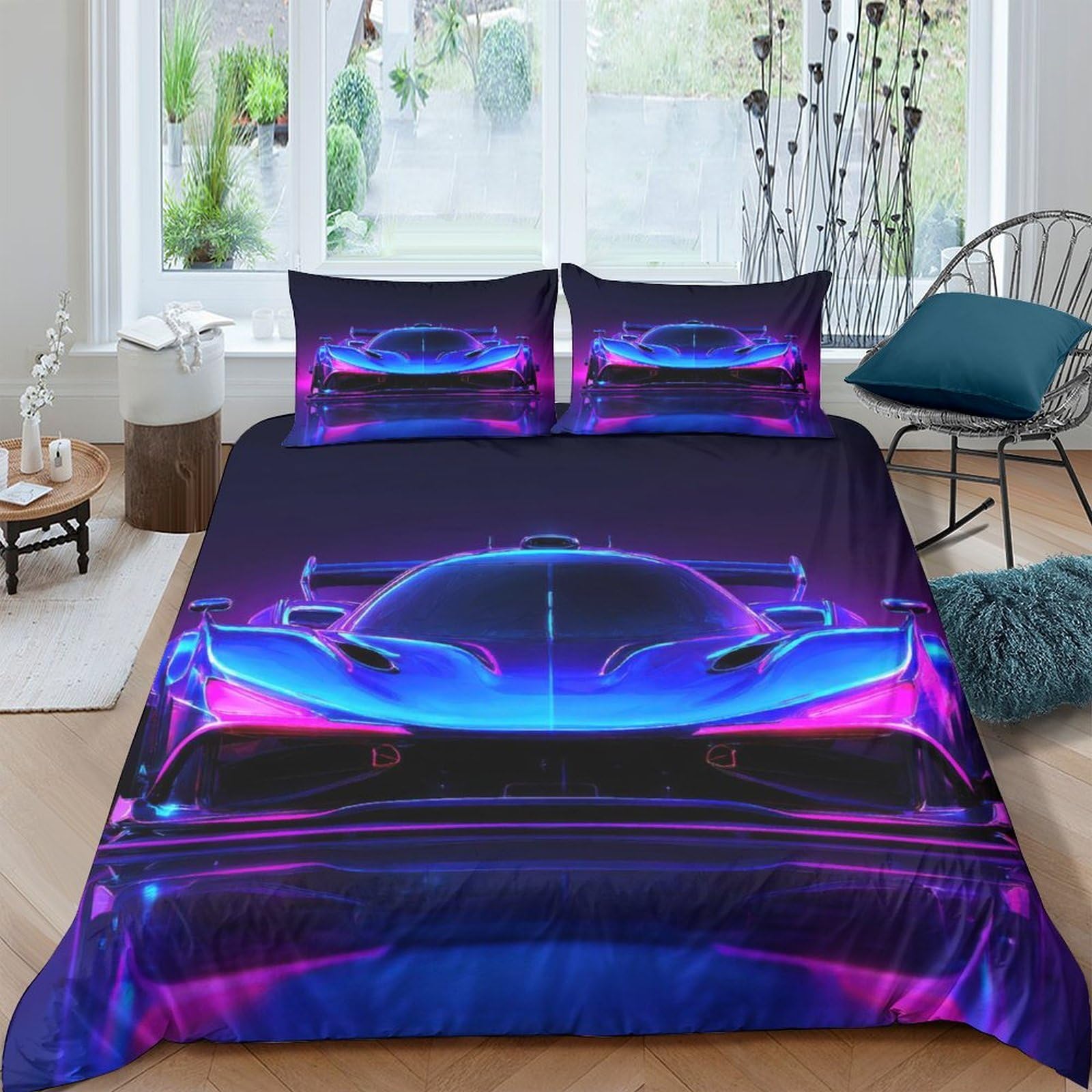 Ctjqhvkz Style-8 3D Printed Neon Sports Car Fitted Sheet Microfiber Soft Bedroom Decor Racing Bed Cover For Adult Teen Mat Protection Single（135X200cm）