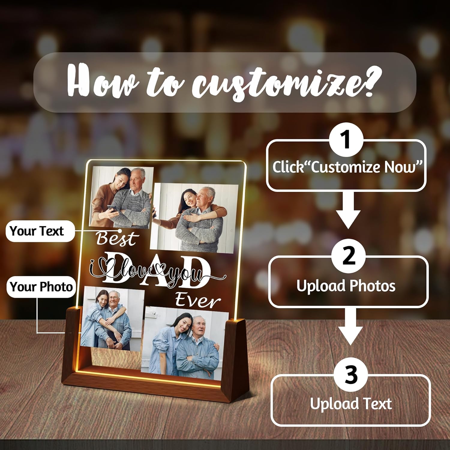 Fathers Day Personalized Gifts For Dad Grandpa Husband From Daughter Son Kids Wife, Custom Light Up Picture Frame Acrylic Plaque, Customized Best Dad Ever Gifts For Fathers Day Christmas Birthday - Image 3