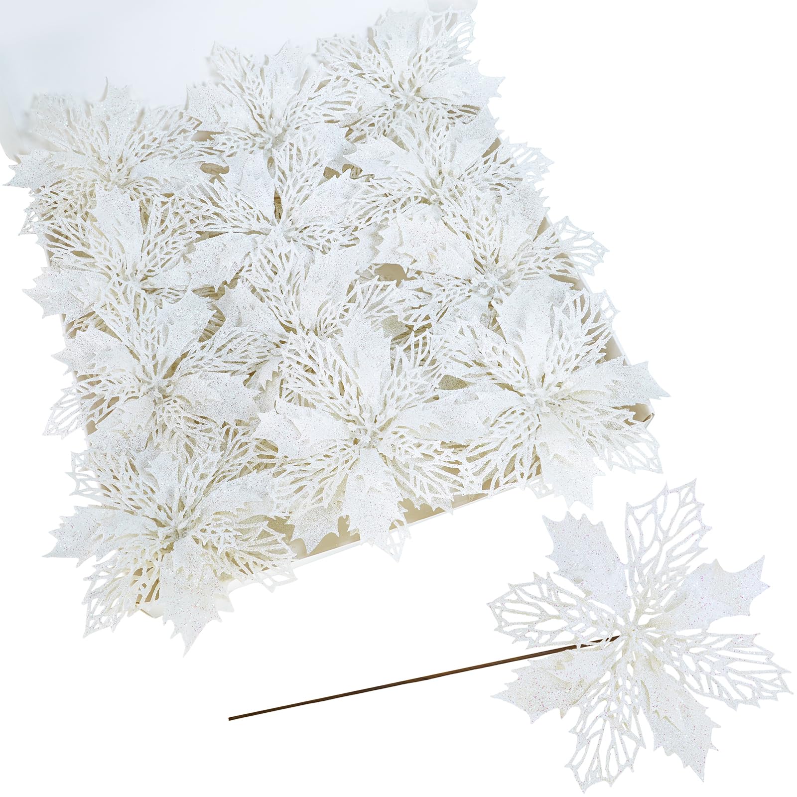 Winlyn 24 Pcs Christmas Glittered Poinsettia Picks White Glitter Mesh Holly Leaf Artificial Poinsettia Flowers Christmas Tree Ornaments 5.9