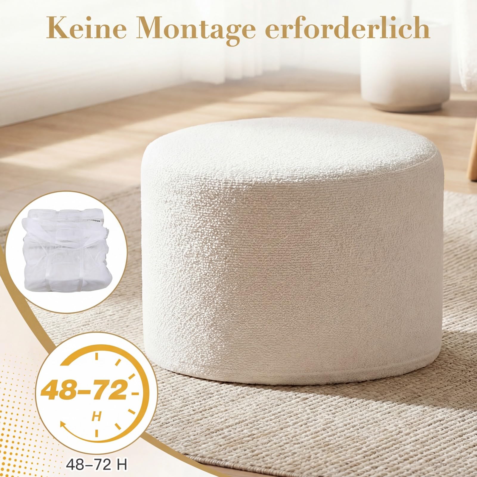 COSTWAY runde Ottomane 45 x 35 cm, Fußhocker mit Schaumstofffüllung & Loop-Garn-Stoff, Sitzhocker mit abnehmbarem Bezug, Flauschige Sitzpouf beige für Wohnzimmer, Schlafzimmer