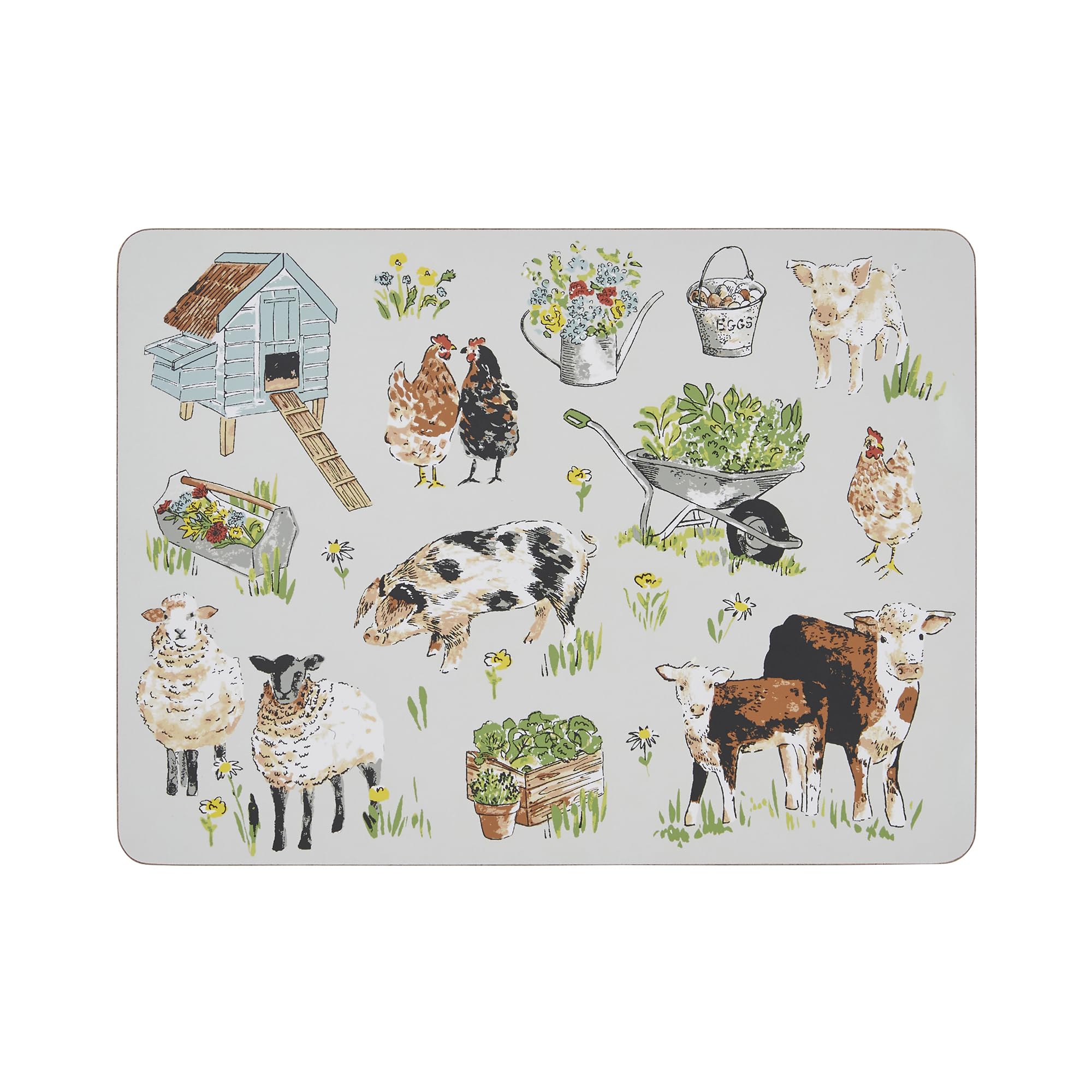 Ulster Weavers - Farm Animals Place Mats for Table - 4x Pieces (21 x 29 x 0.5cm) - Farm Printed Cork Placemats Set of 4 - Kitchen Accessories - Table Mats with Sheep, Cow, Pig & Chicken - Farm Gifts