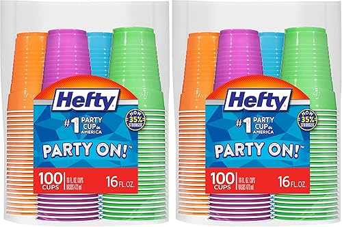Hefty Party On - Vasos de plástico desechables, surtidos, 16 onzas, 100 unidades (paquete de 2)