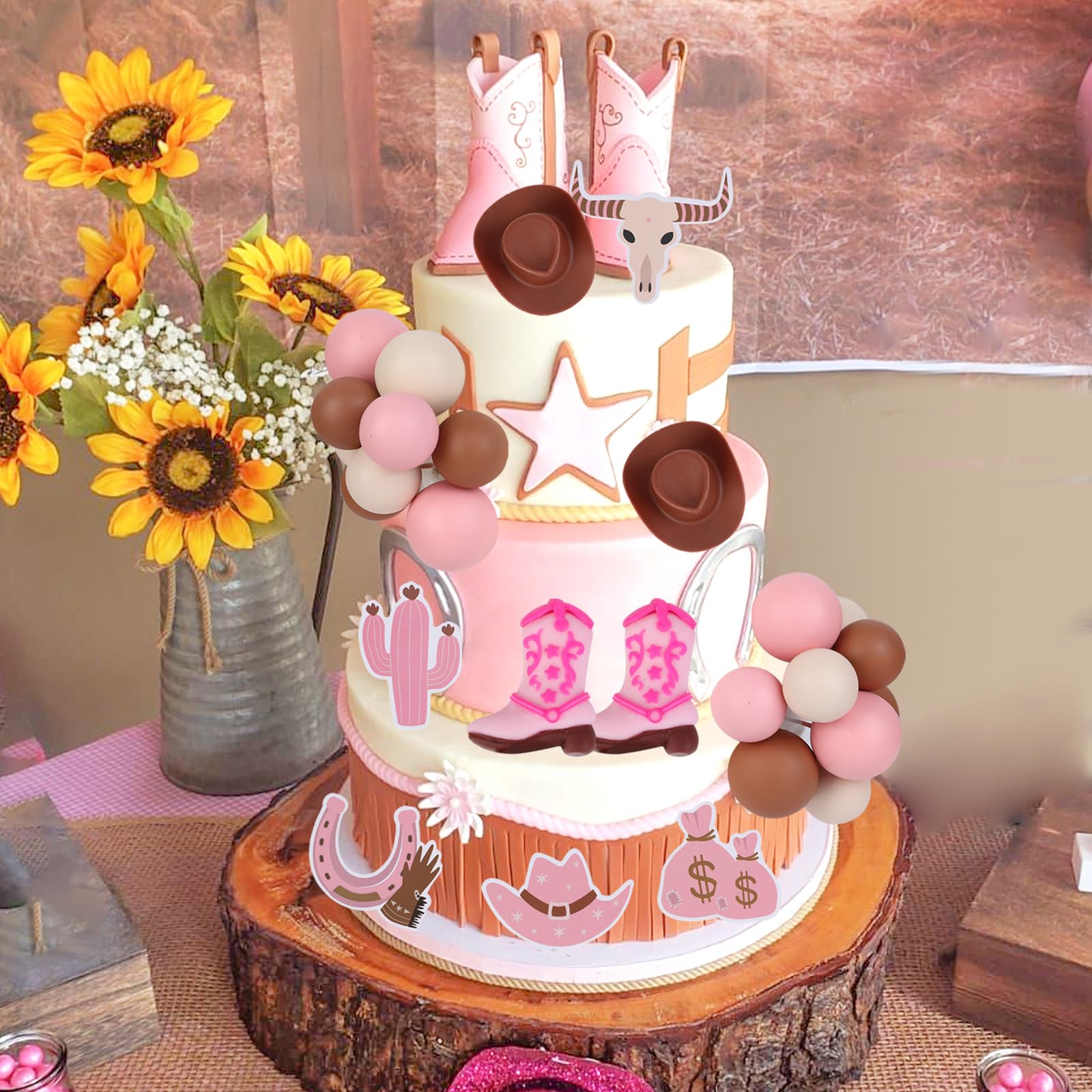 Cowgirl Birthday Cake Decorations – Pink & Brown Theme Cake Toppers, Boots, Hats & Balls - View #6