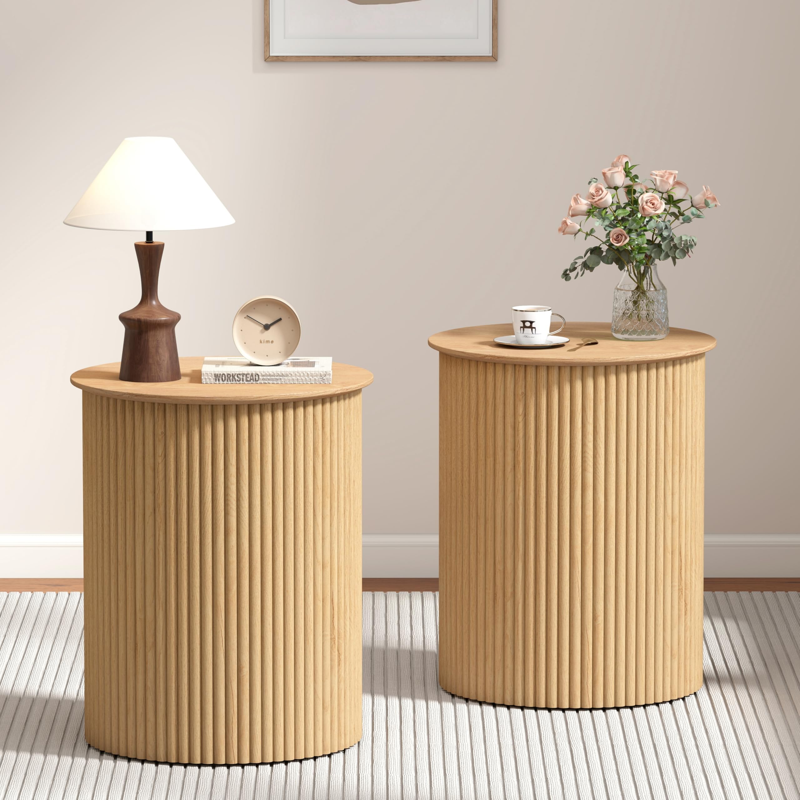 AVZEAR Small Round Side Table Fluted Night Stand Set of 2 Modern Boho End Table with Storage 17