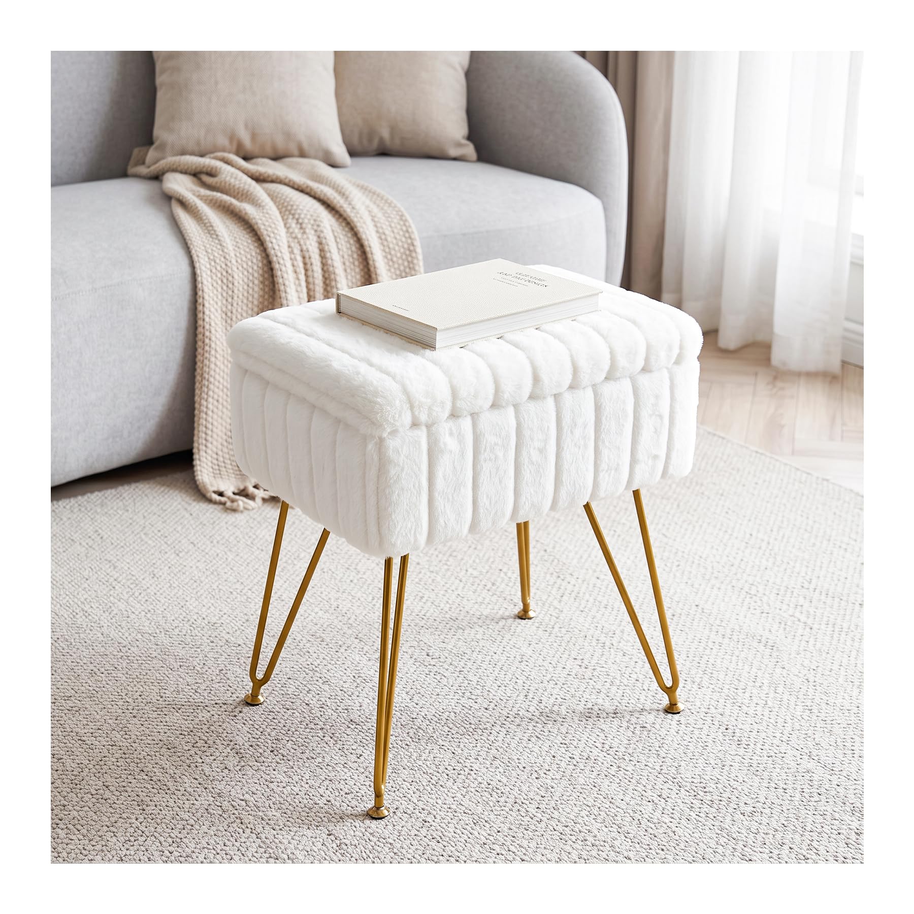 INMOZATA Faux Fur Footstool with Storage,Upholstered Ottoman Chair with Golden Metal Hairpin Legs,Storage Stools for Dressing Table for Bedroom Dressing Table Hallway(White)