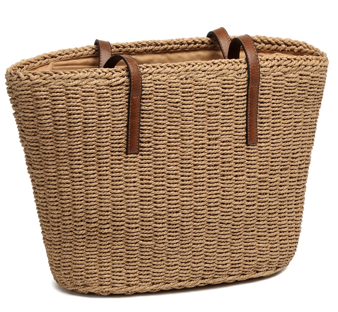 Braguful Women's Shoulder Handbags Beach Chic Tote Purse Leisure Vacation Hobo Bag with Zipper Closure Light Brown