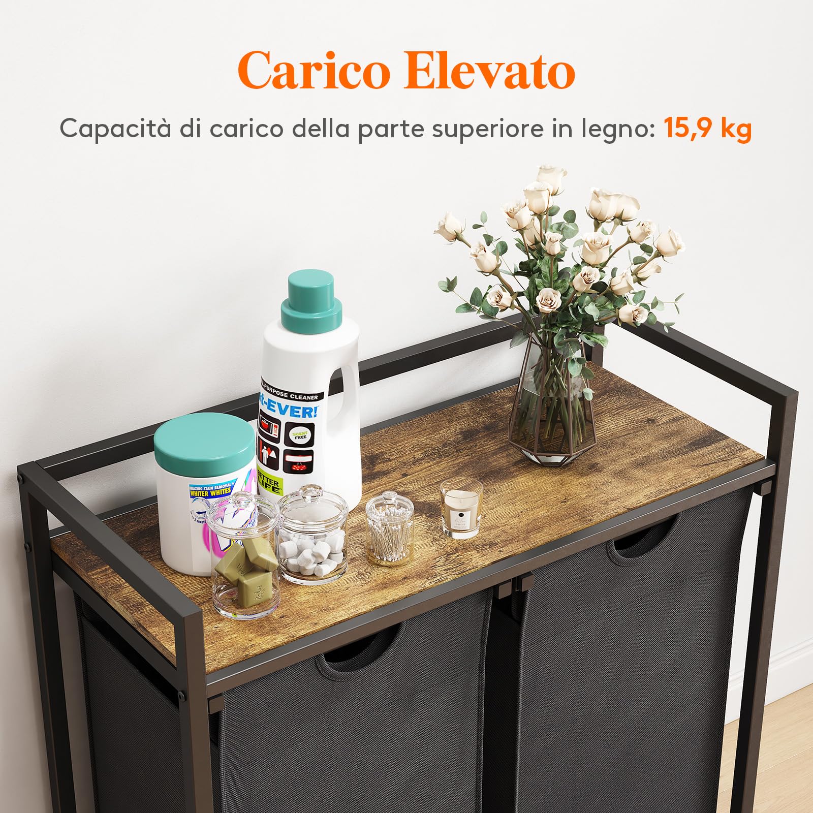 Lifewit Cesto Portabiancheria con Ruote, Mobile Biancheria Sporca con Sacco Porta Biancheria in Tessuto Oxford e Ripiano in Metallo per Lavanderia, Camere da Letto, Bagno, 2 Scomparti, 95 L, Nero