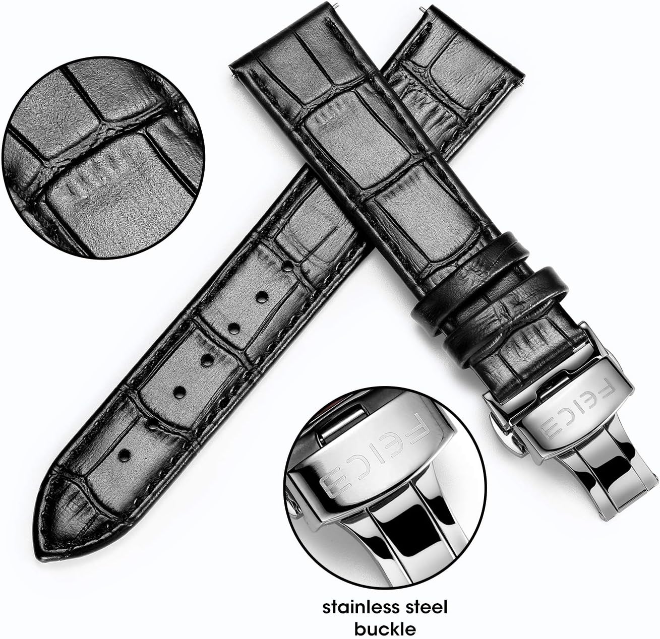 FEICE Black Genuine Leather Watch Band Calfskin Watch Straps with Deployment Buckle