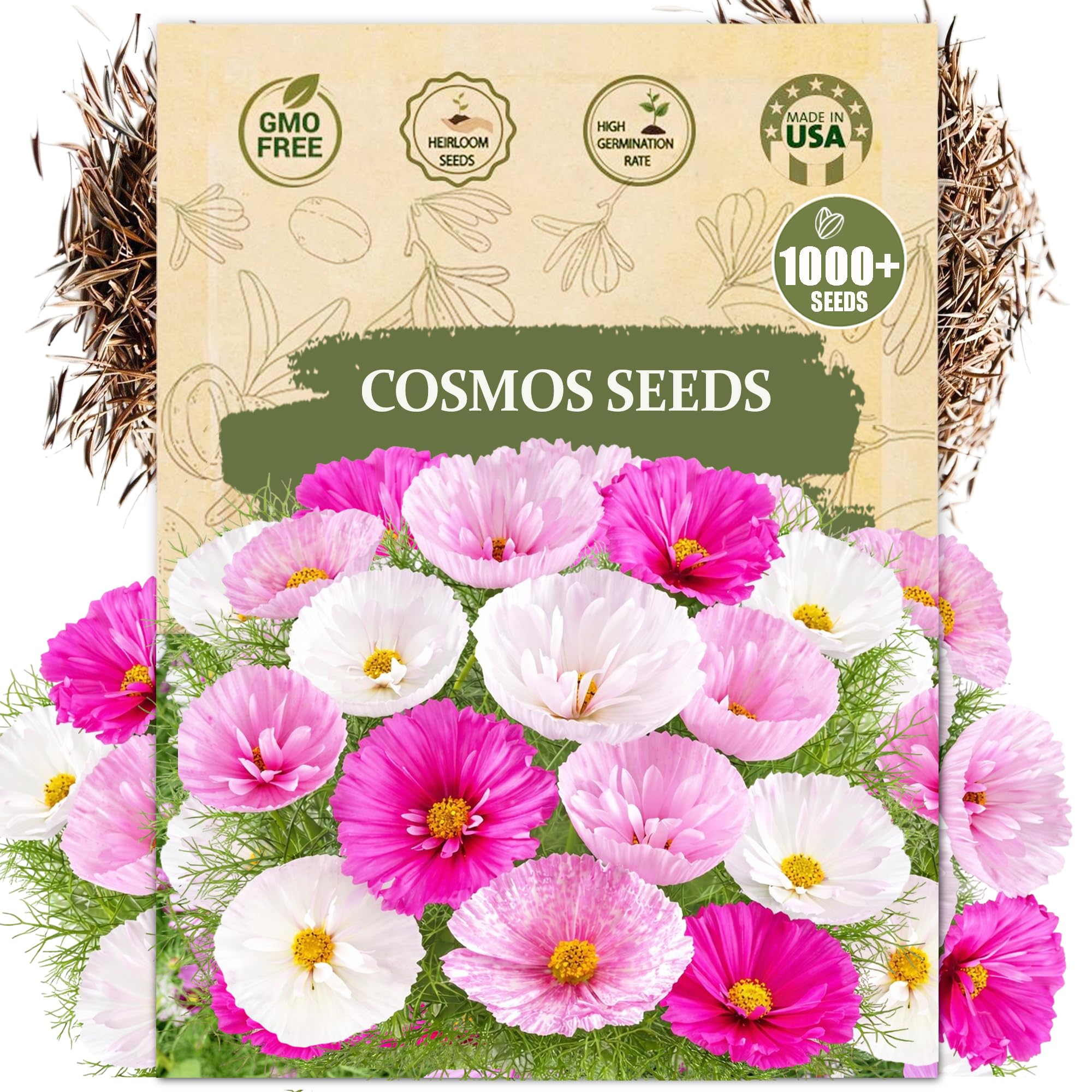 Cosmos Flower Seeds for Planting - 1000+ Heirloom Non-GMO Double Petal Mix - Large Blooms Annual Cut Flowers for Garden Beds, Borders & Bouquets