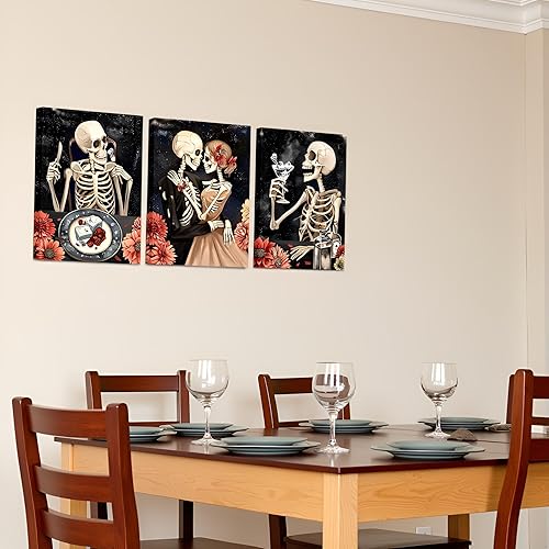 Miniatura 4 de FuShvre Arte de pared gótico para comedor, cuadros de esqueleto, pintura sobre lienzo, romántica para el hogar, cocina, restaurante, decoración de