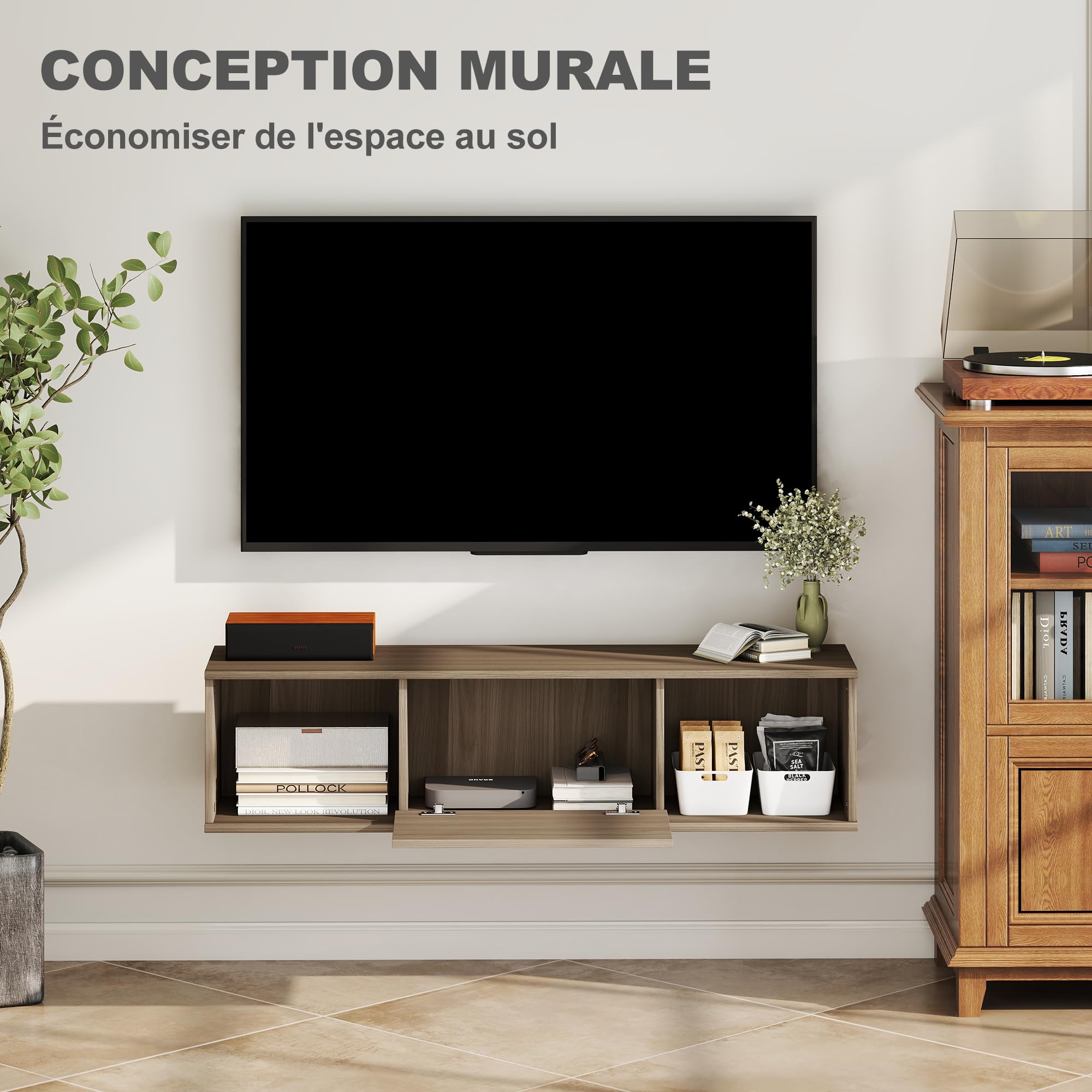 HOMCOM Mobile per TV sospeso 120 cm, armadio da parete, mobile pensile, stile moderno, con 2 scomparti aperti e porta pieghevole, colore: marrone