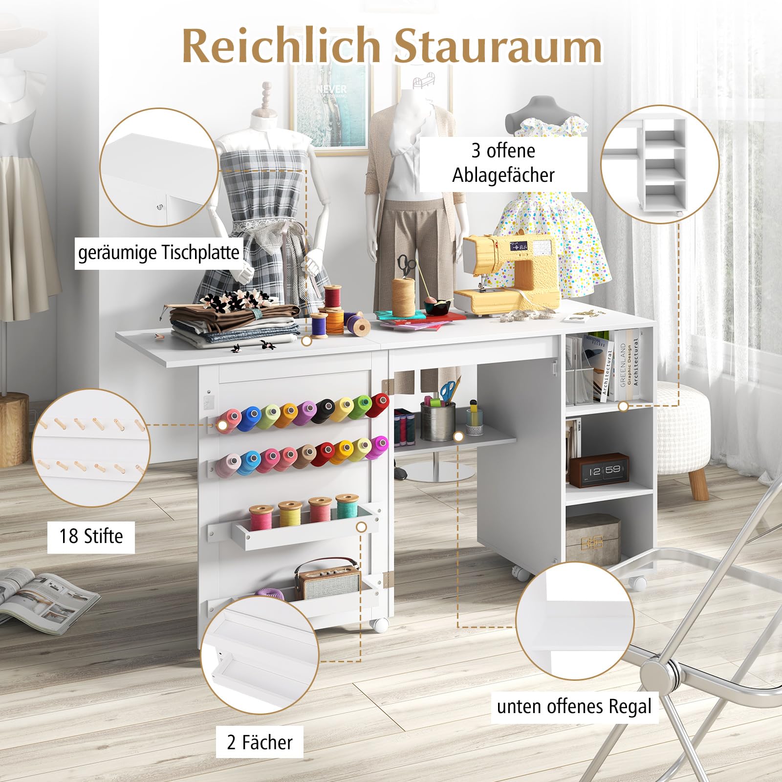RELAX4LIFE Faltbarer Nähtisch, mehrzweck Nähmaschinenschrank mit Ablageflächen & 2 Behältern & 18 Klammern, tragbare Flexible Handwerksstation mit feststellbaren Rollen für Zuhause, Weiß