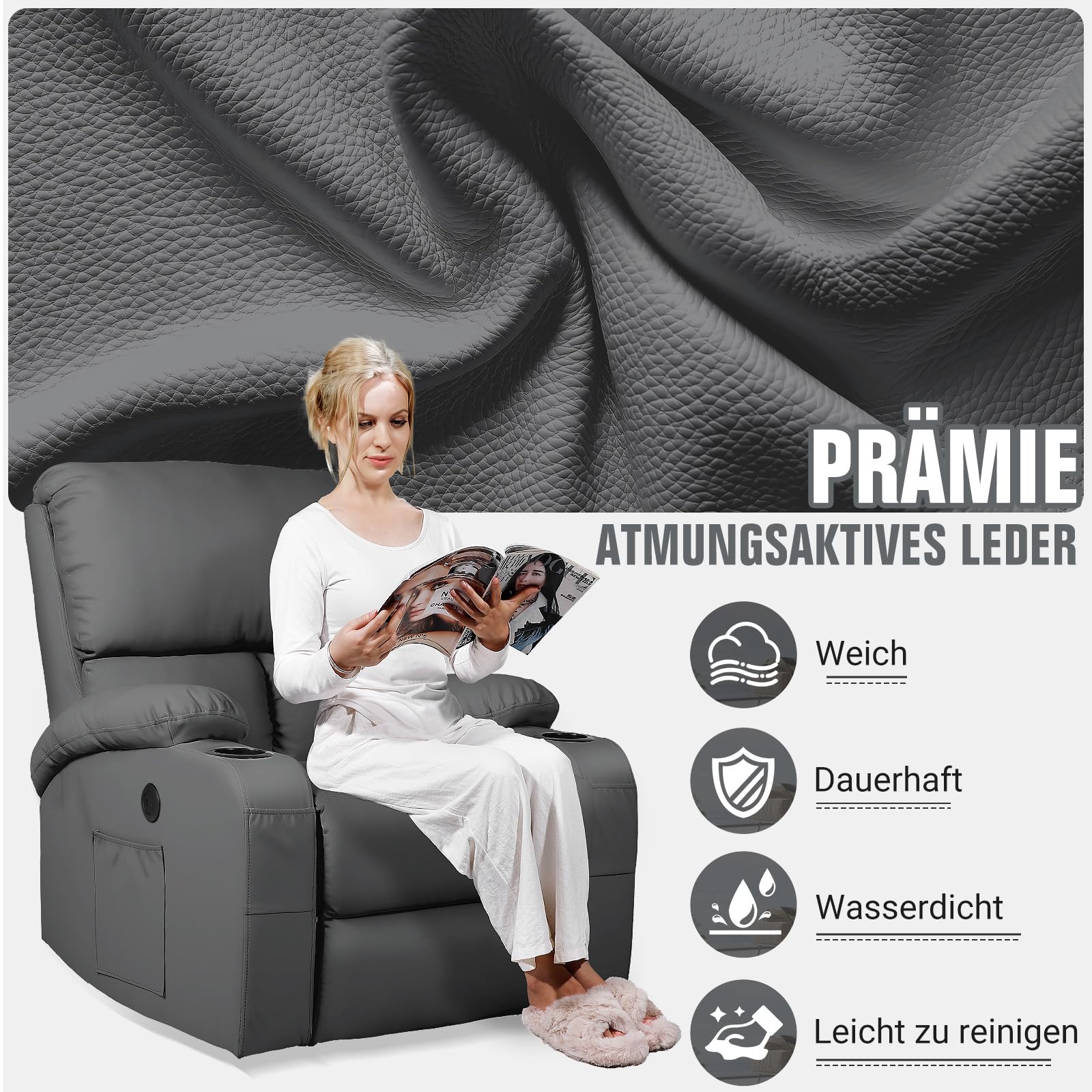 Schaukelstuhl mit Relaxfunktion, Massagesessel mit Vibration und Wärme, USB- und Type-C-Anschlüsse, 360° Drehbar, Kunstleder, Wohnzimmer, Schlafzimmer, Kinderzimmer, Wohnmobil, Dunkelgrau