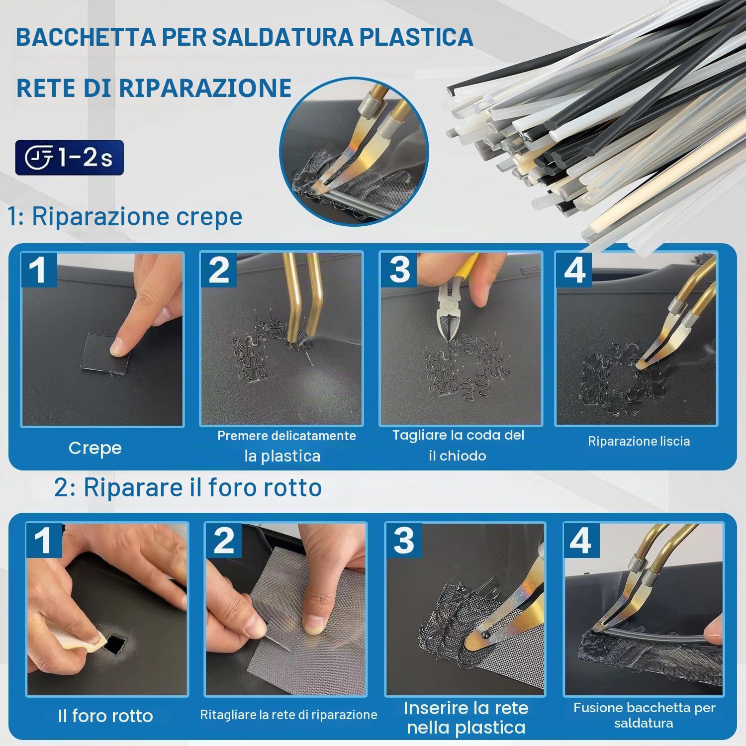 200W Saldatrice per Plastica,2 in 1 Kit di Riparazione Paraurti Auto con 1000pcs Graffette e 56 Bacchette di Saldatura,per Auto Paraurti/Auto Ricambi/Riparare Plastiche