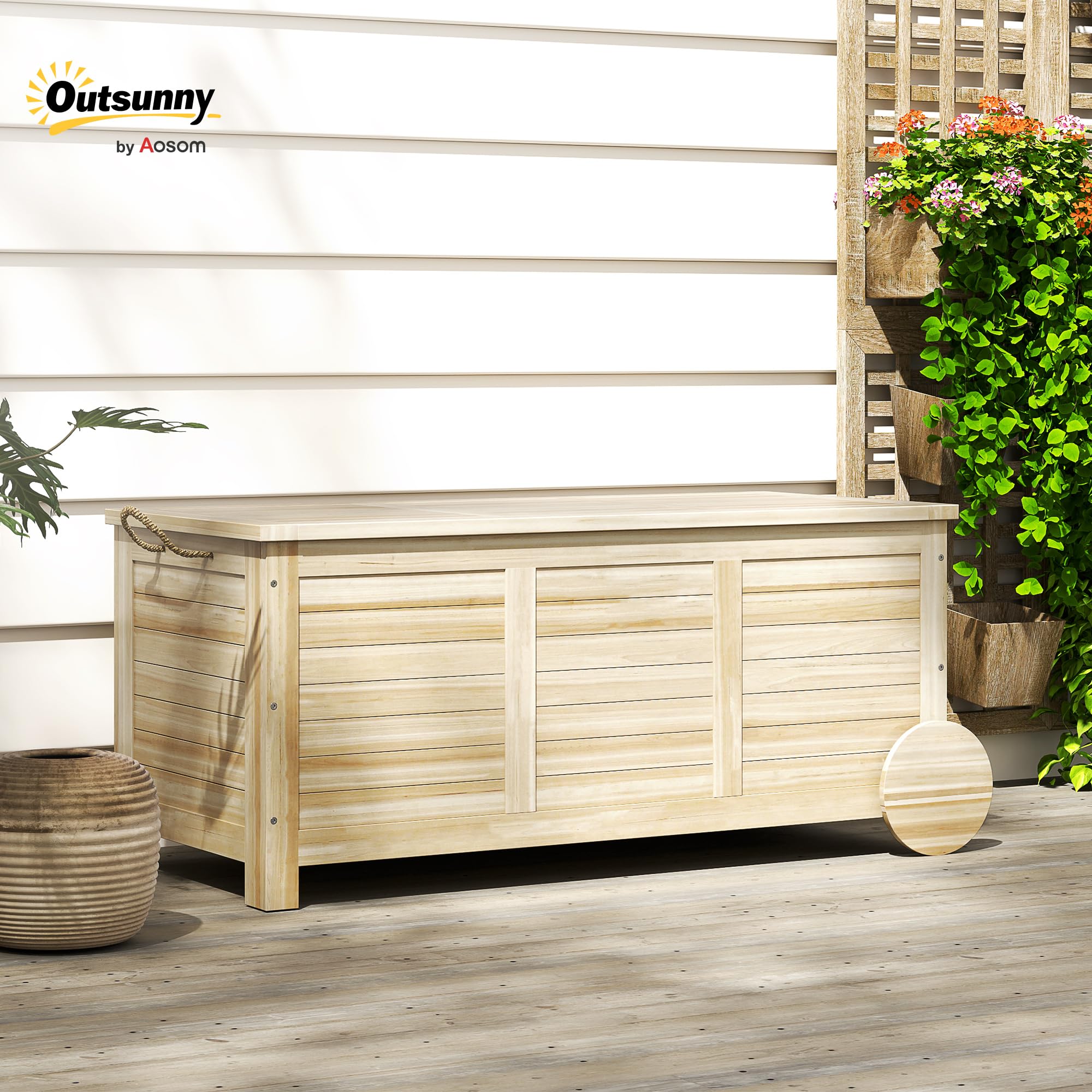 Outsunny Baúl de Almacenaje Exterior 185L, Arcón de Jardín de Madera con Tapa Abatible, 2 Ruedas, Bisagras Metálicas, Cuerdas de Lino y Forro Interior, 110x50x50 cm, Natural
