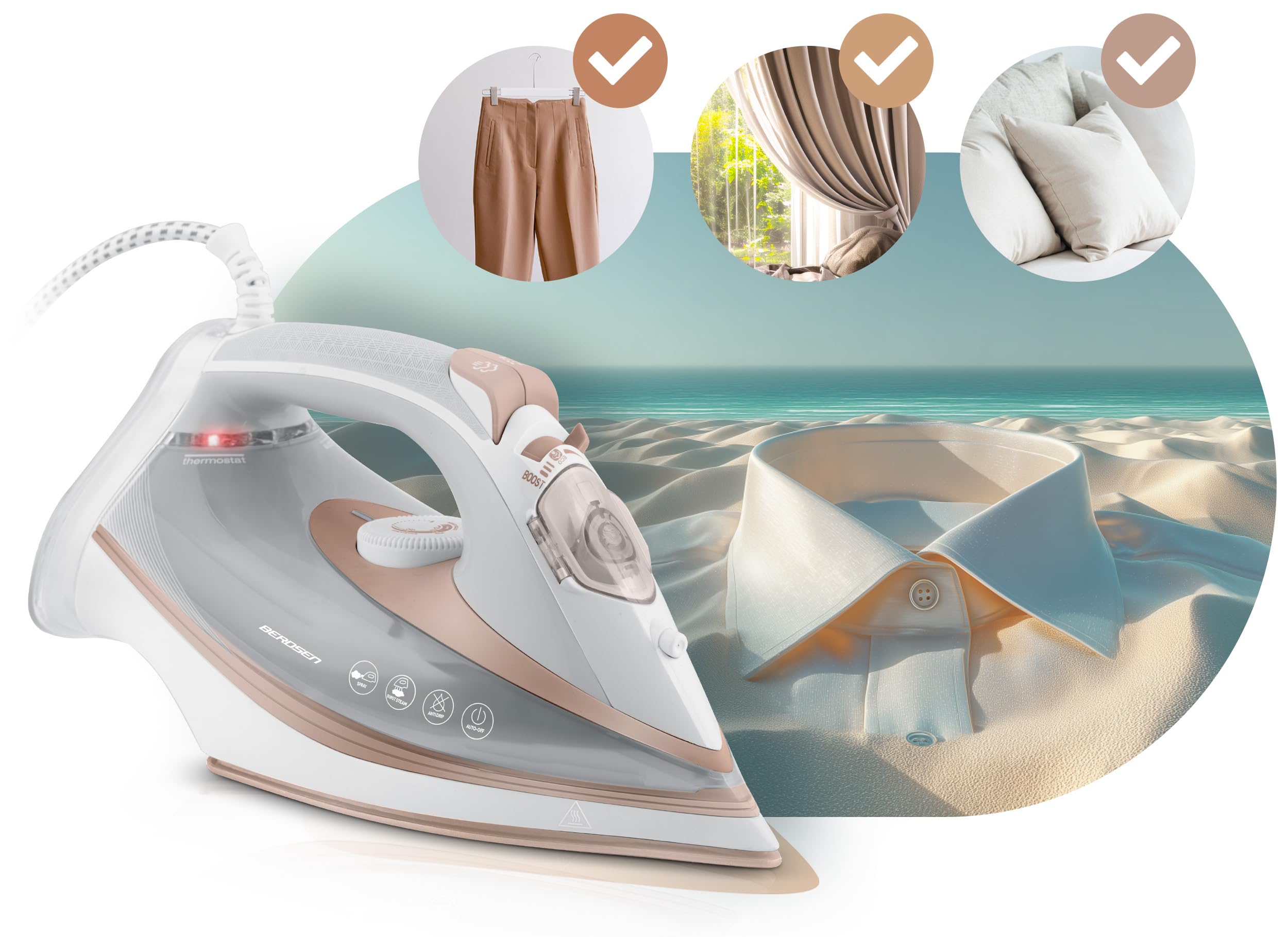 Berdsen Żelazko Parowe - 3000W z Podwójnym Wyrzutem Pary 10w1 - Powłoka Ceramiczna - Zbiornik na Wodę 360 ml - Białe