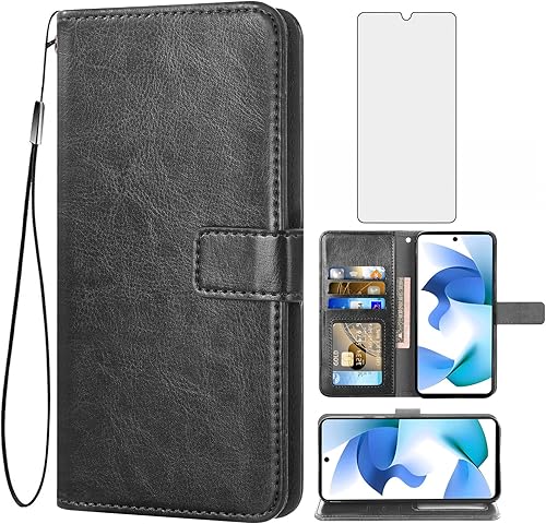 Asuwish Funda tipo cartera compatible con BLU F91 5G 2022, protector de pantalla de vidrio templado y soporte de cuero para tarjetas, accesorios