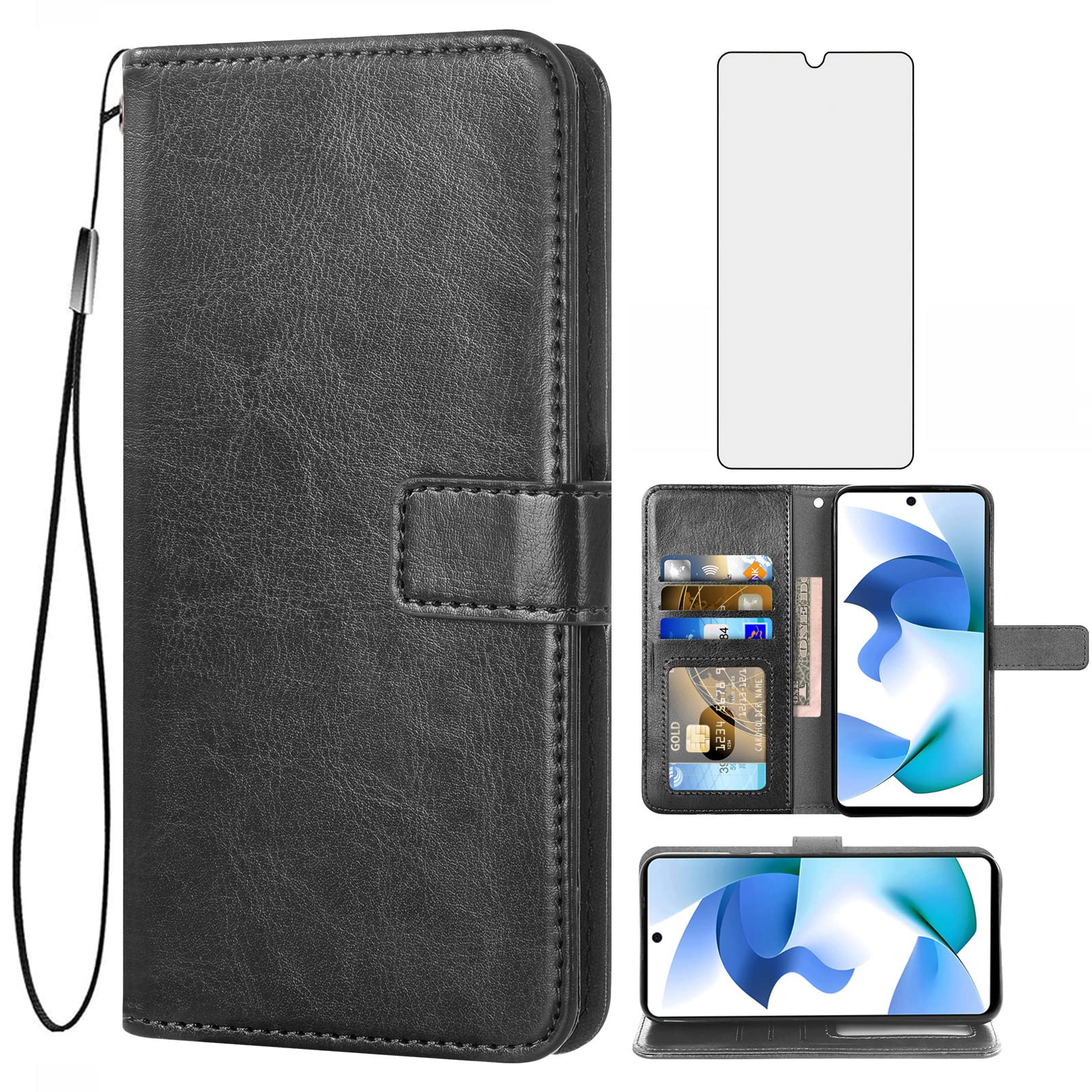 Asuwish Compatible with BLU F91 5G 2022 Wallet Case Tempered Glass Screen Protector and Leather Flip Card Holder Stand Cell Accessories Phone Cover for BLUE 91F 6.8 Women Men Black