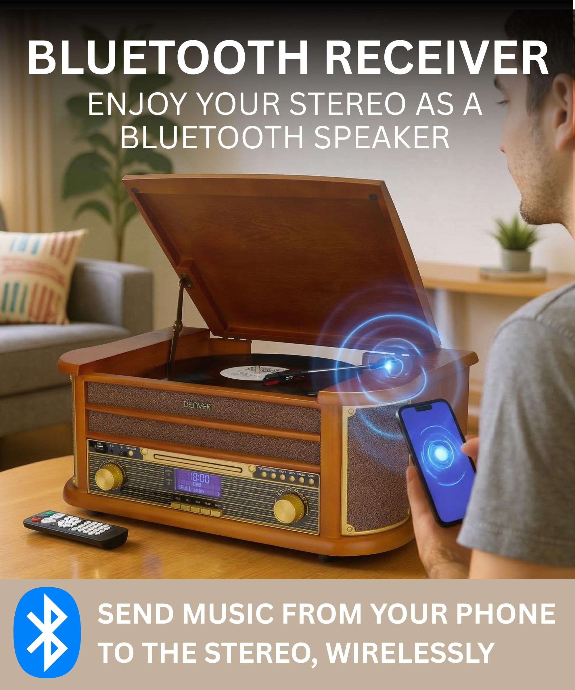 Denver MRD-51BT MK2 Lecteur de disque radio Bluetooth 9 en 1 en bois avec haut-parleurs – Radio DAB+, FM, lecteur de cassette, lecteur CD, entrée auxiliaire, enregistrement MP3 USB, entrée auxiliaire