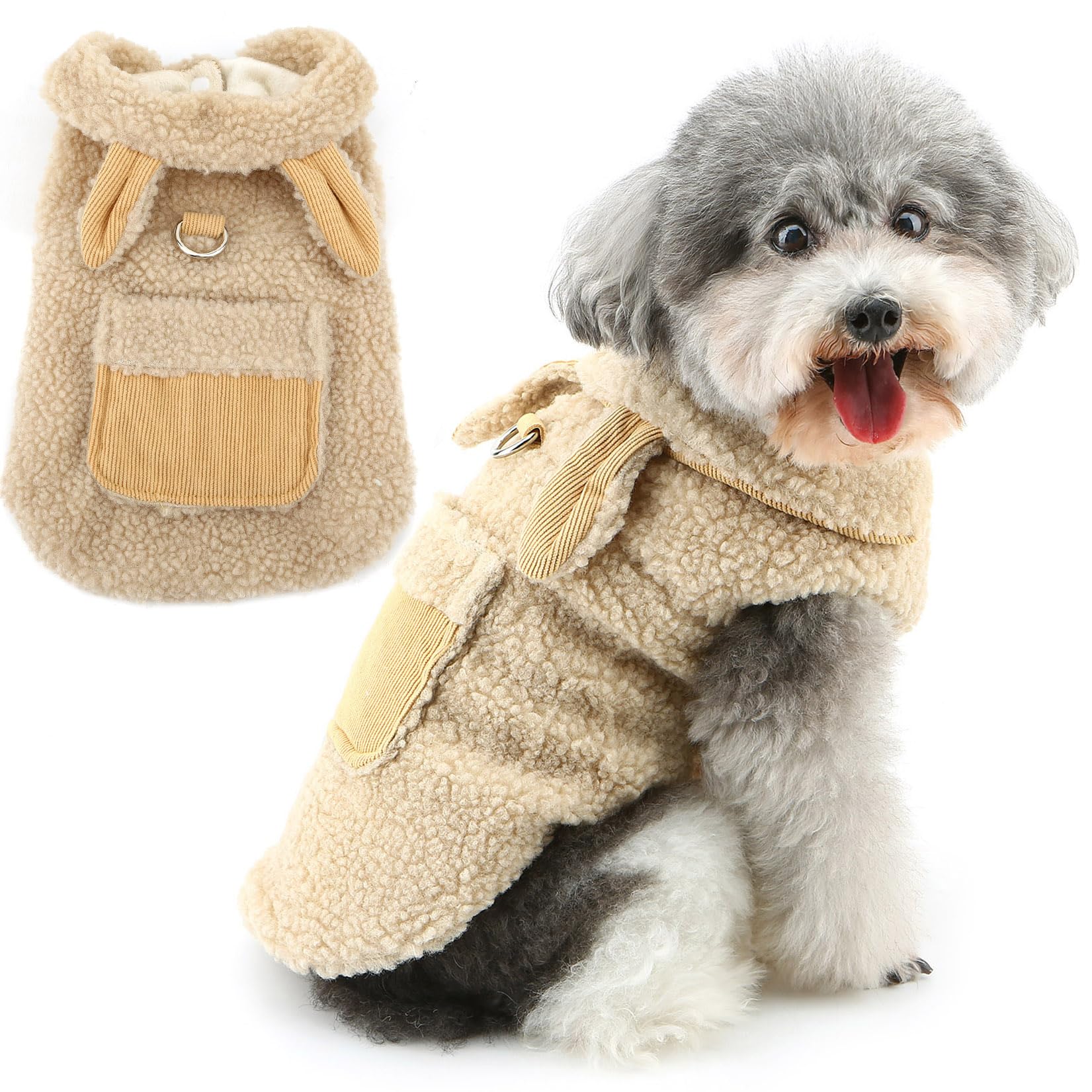Zunea Fleece Dog Jumpers Jacket Coats for Small Dogs Winter Warm Fluffy Puppy Clothes with D-Ring and Pocket Cute Vest Sweater with Ears Soft Warm Cold Weather Pet Chihuahua Yorkie Apparel Beige XL