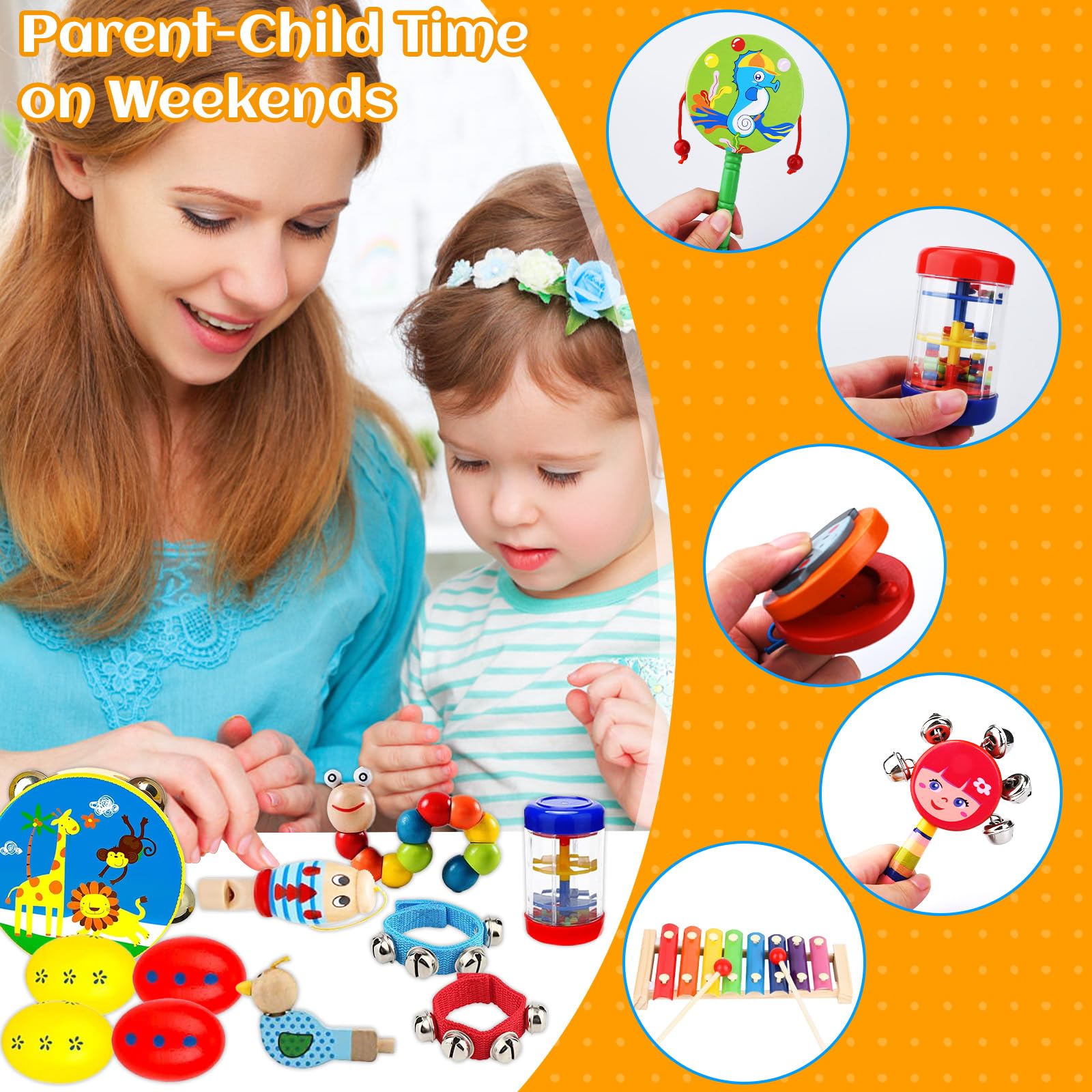 34 Pezzi Strumenti Musicali Bambini,Percussioni per Bambini con Zaino,Percussioni per Bambini con Borsa,Strumenti Musicali Percussioni Giocattolos in Legno,Strumenti Musicali Montessori