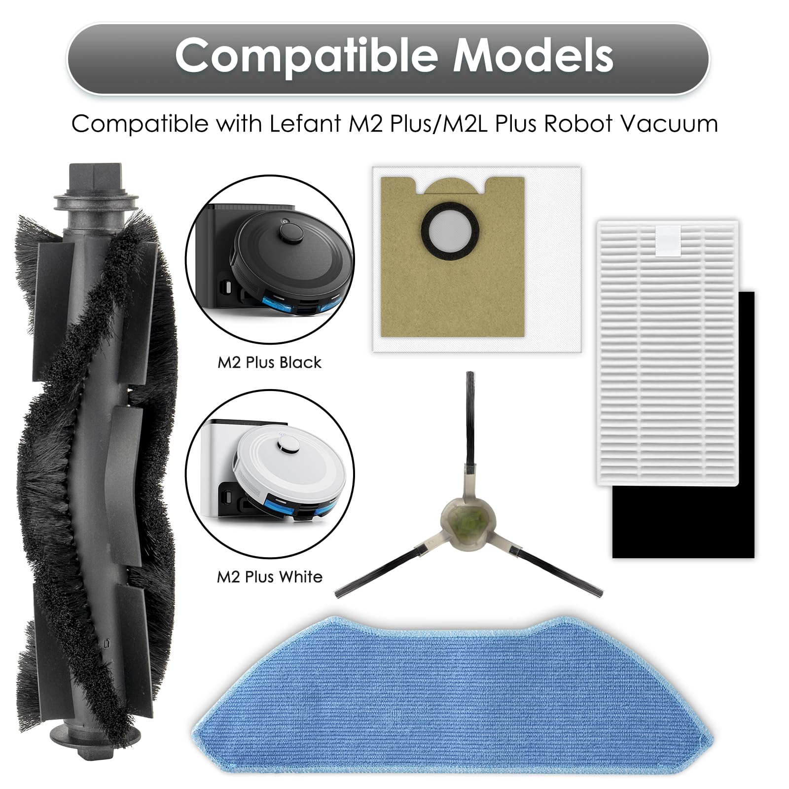 (30 Piezas) Repuestos para aspiradora robot Lefant M2 Plus/ M2L Plus, 2 cepillos giratorios, 8 cepillos laterales, 8 filtros HEPA, 4 almohadillas de fregado, 8 bolsas para el polvo, kit de accesorios