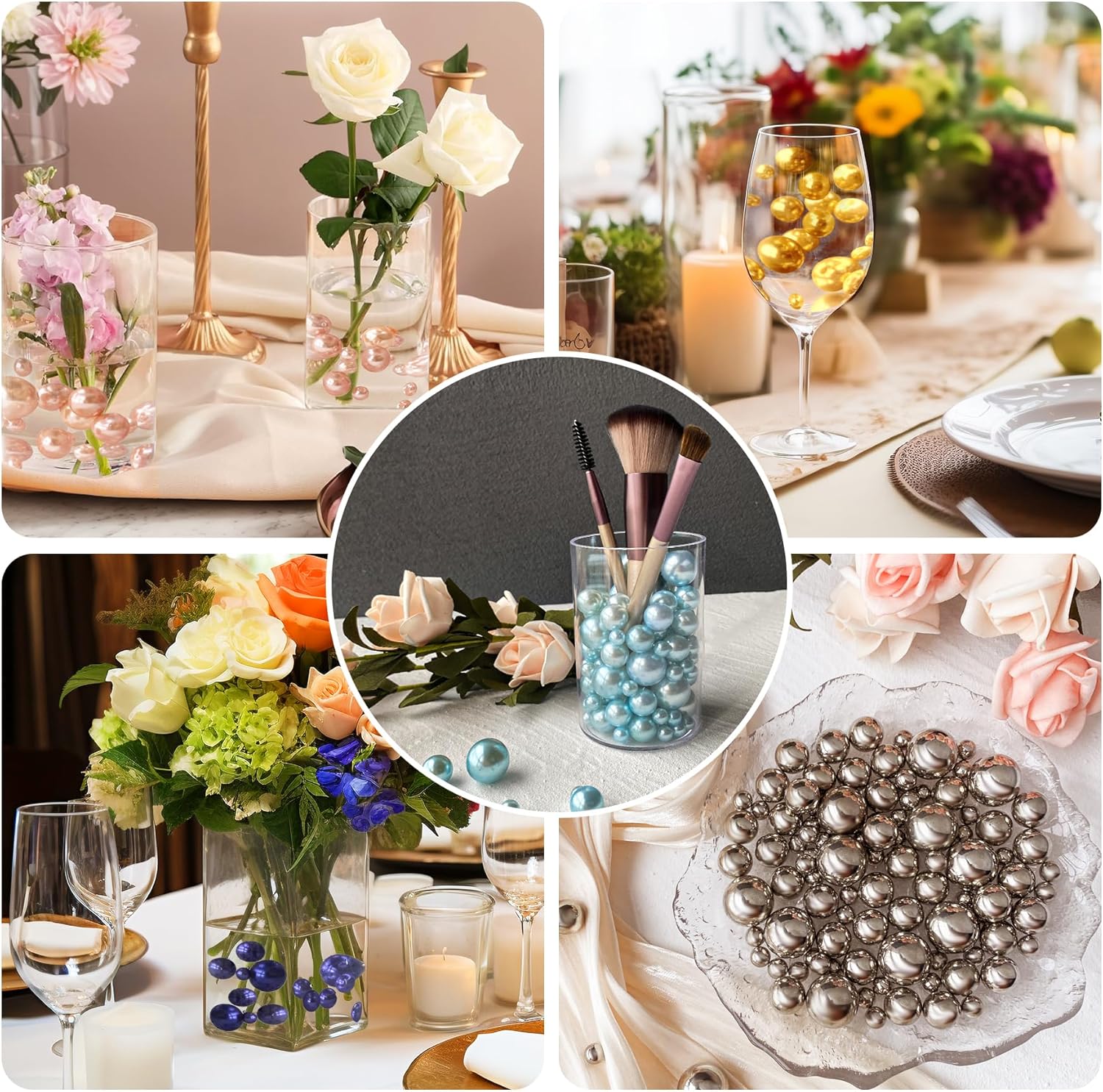 510Pcs Gold Vase Filler Pearl Beads for Centerpieces Vases, 8/14/18mm No Hole Faux Polish Pearls for Floating Candle Home Birthday Wedding Table Decor