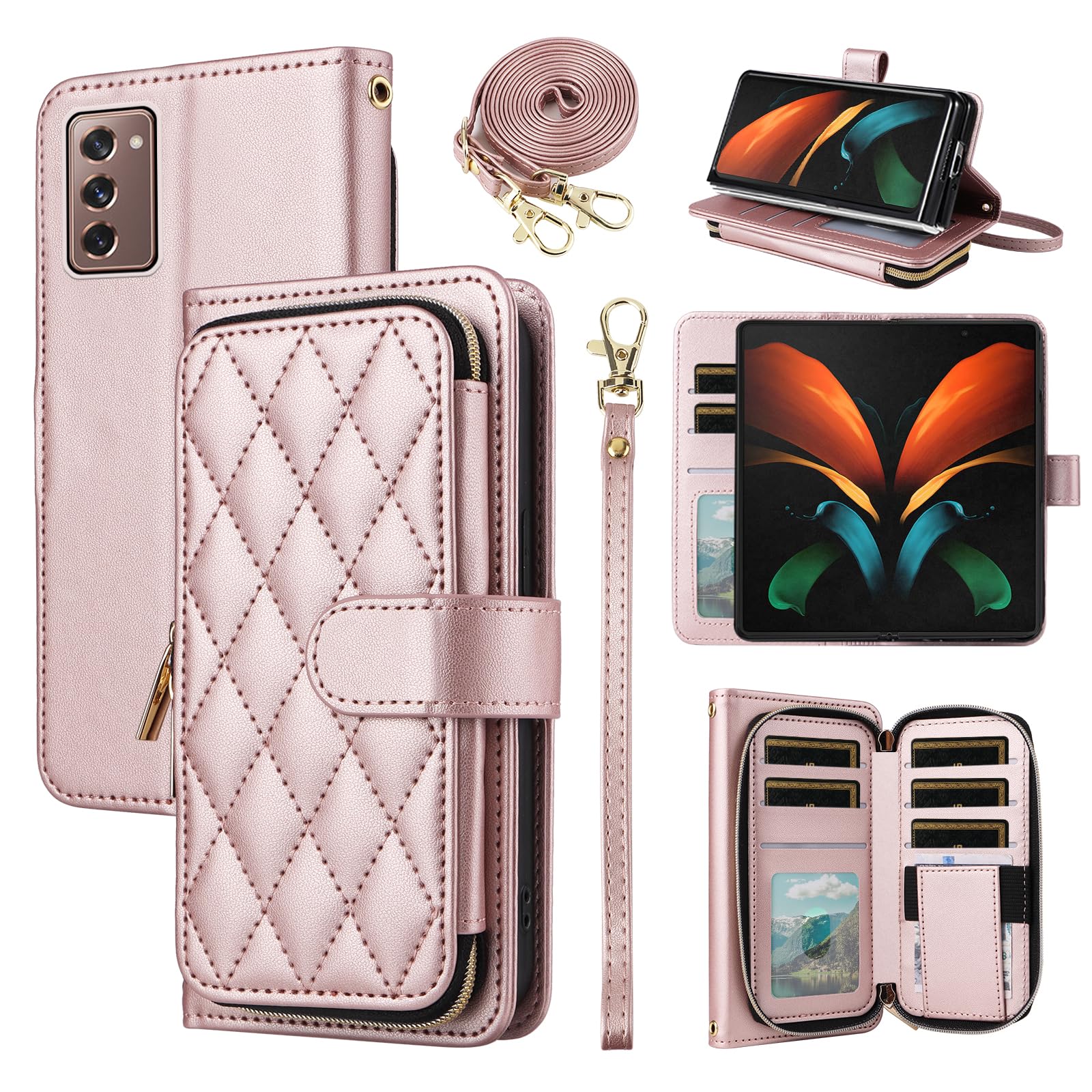 Furiet Argyle Wallet Case for Samsung Galaxy Z Fold 2 5G 2020 with Wrist Strap Shoulder Strap 9 Card Slot Zipper Purse Luxury PU Leather Stand Cell