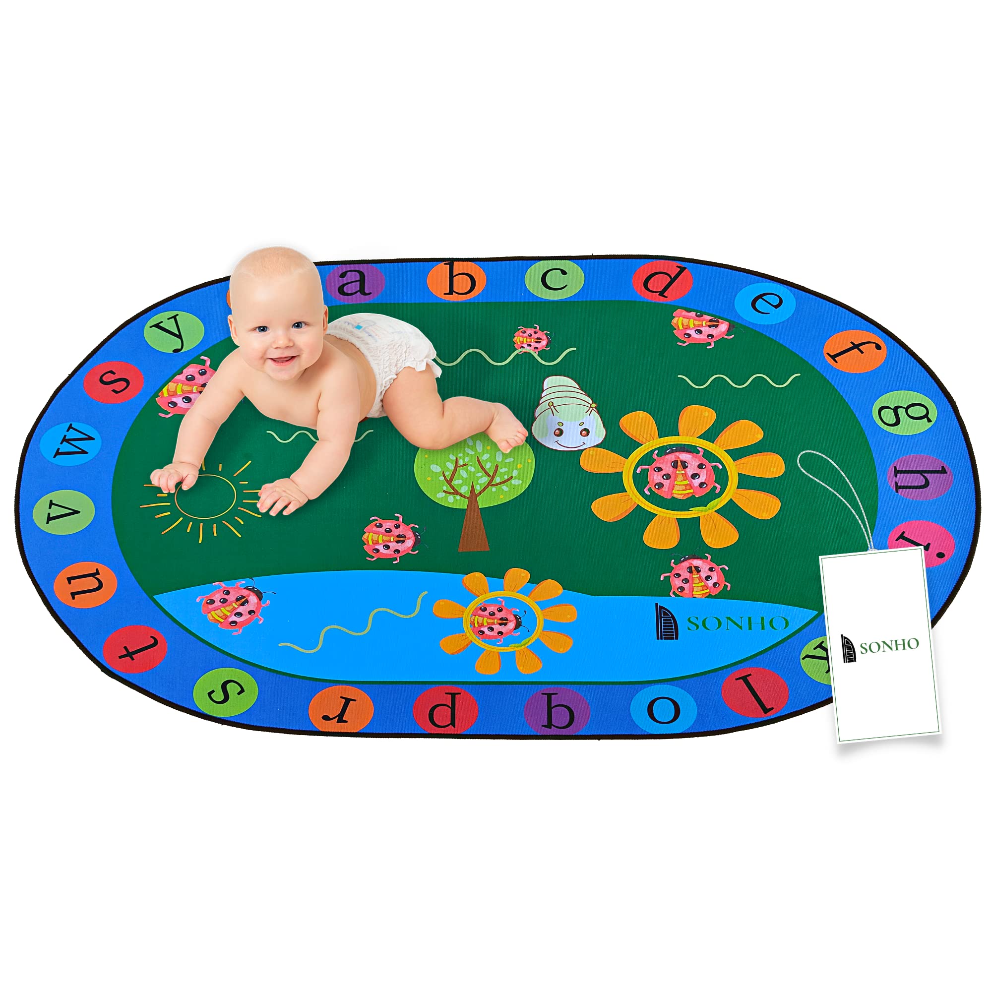 SONHOKids Play Rug Mat, Kids Area Rug, Oval Playmat with Non-Slip Design Playtime Collection ABC, Nature, and Animals Educational Area Rug for Children Kids Bedroom Playroom (63x31.5")