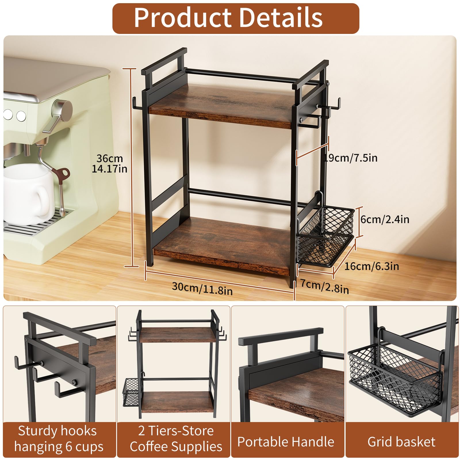 Organizador de barra de café de 2 niveles para oficina en casa, estante de especias para encimera, estante de almacenamiento de encimera de cocina con cesta colgante, organizador de estación de 3
