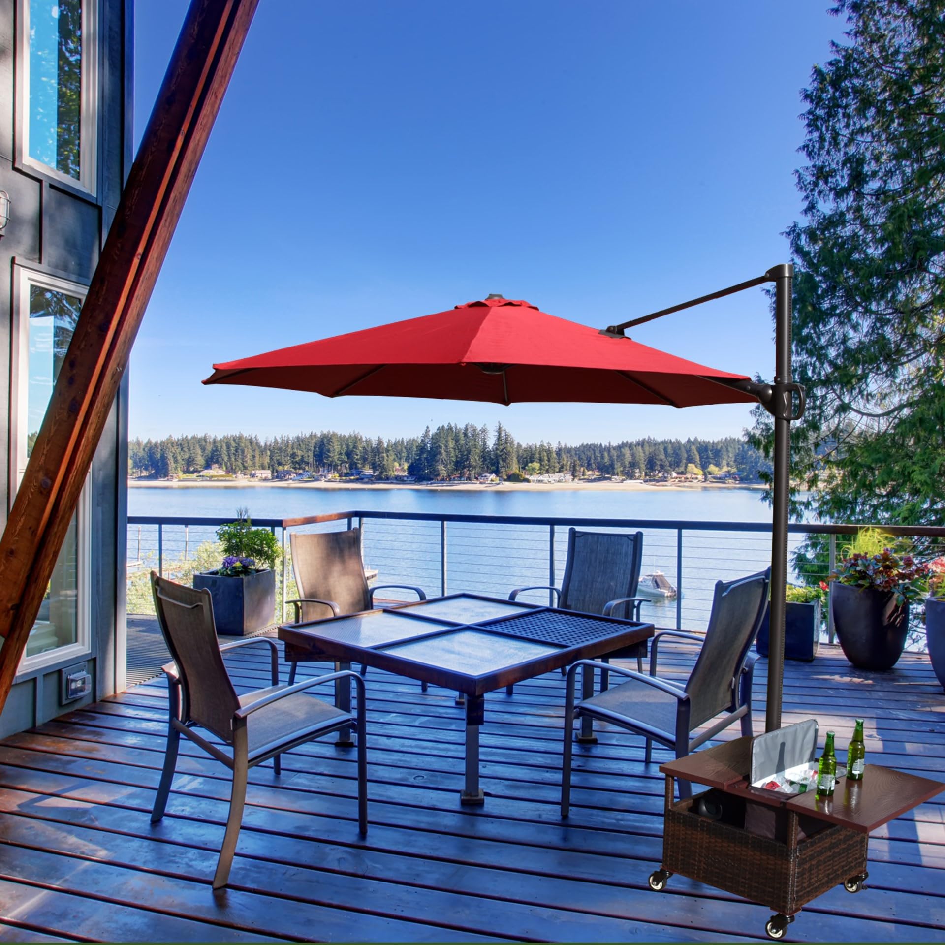 GENSHED 4-in-1 Multi-Functiobn Mobile Umbrella Base. Combing Umbrella Side Table, Umbrella Base, Cooler & Shelf for Speaker Into One. Moveable with Your Umbrella at Full Weight.