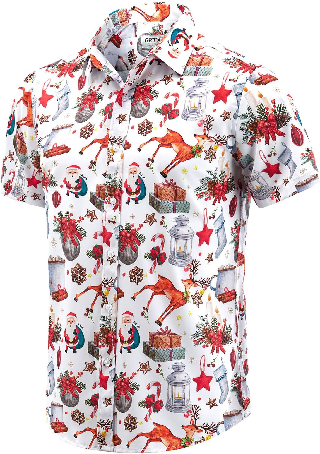 Men's Christmas Shirts, Hawaiian Santa Claus Shirt, Short-Sleeve Button-Down Shirt