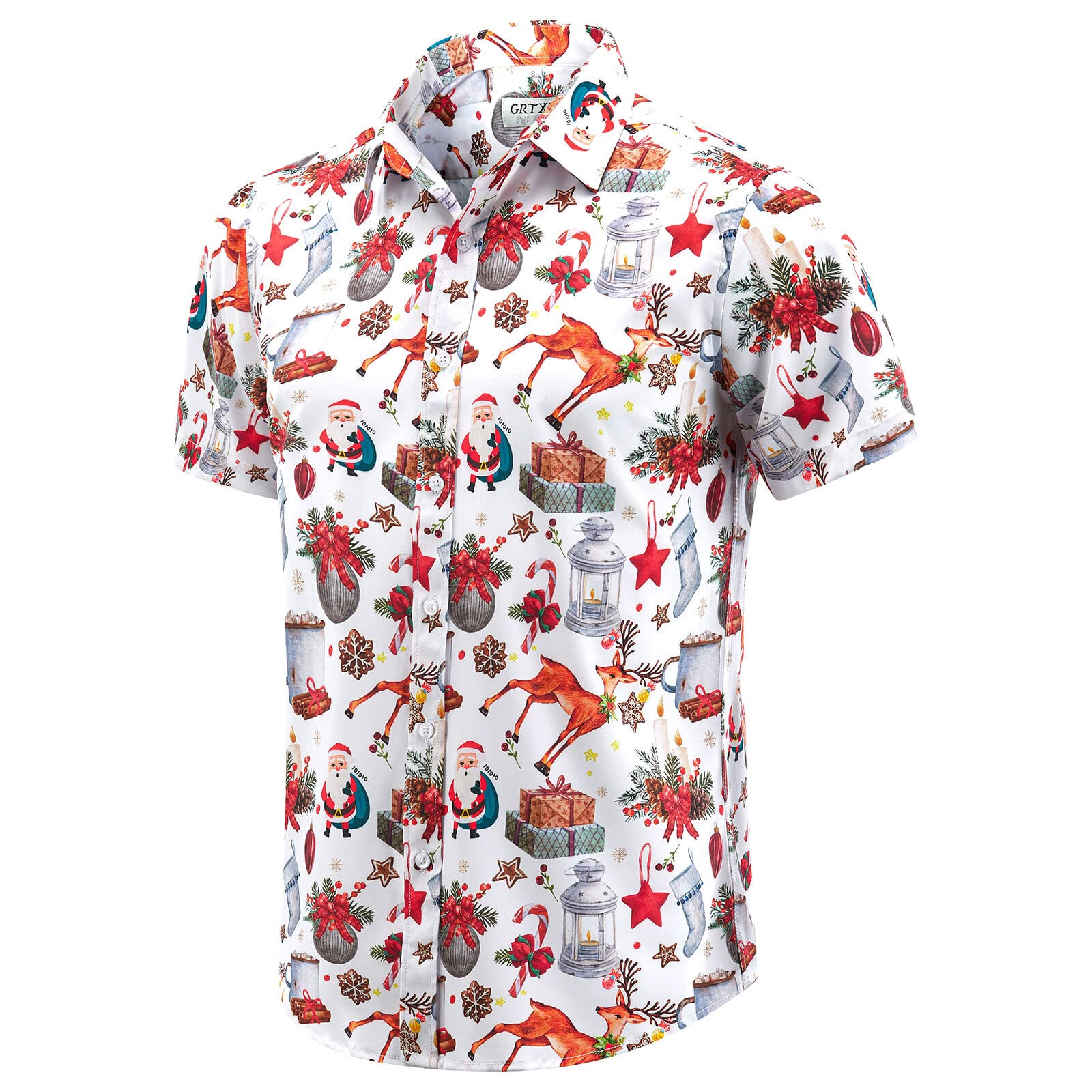 Men's Christmas Shirts, Hawaiian Santa Claus Shirt, Short-Sleeve Button-Down Shirt