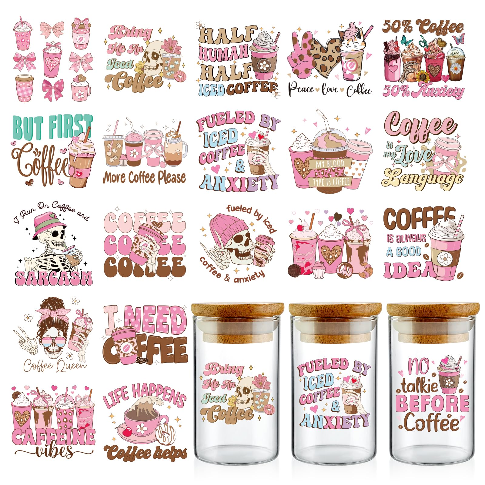 20 Bögen UV-DTF Aufkleber – Retro-Boho-Kaffee & Skelett-Designs, Kratzfest & Abziehbar – Für Tassen, Flaschen & Mehr
