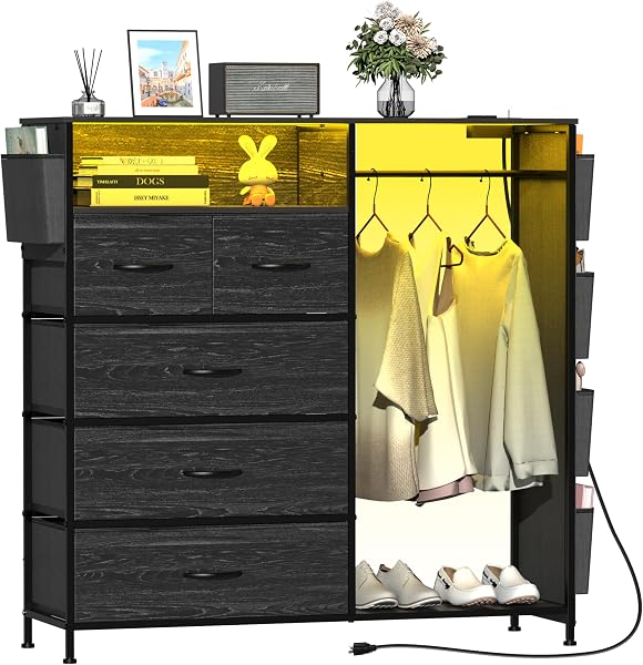 Espelism 5 Drawer Dresser with LED Light &Charging Station Chests of Drawers for Bedroom with Clothes Rack &Side Pockets