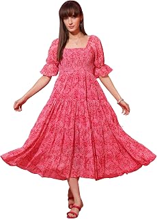 Sheetal Associates Women’s Georgette Midi Dress | Flowy Fit & Flare with Puff Sleeves & Tiered Hem | Elegant Lightweight O... Price In India