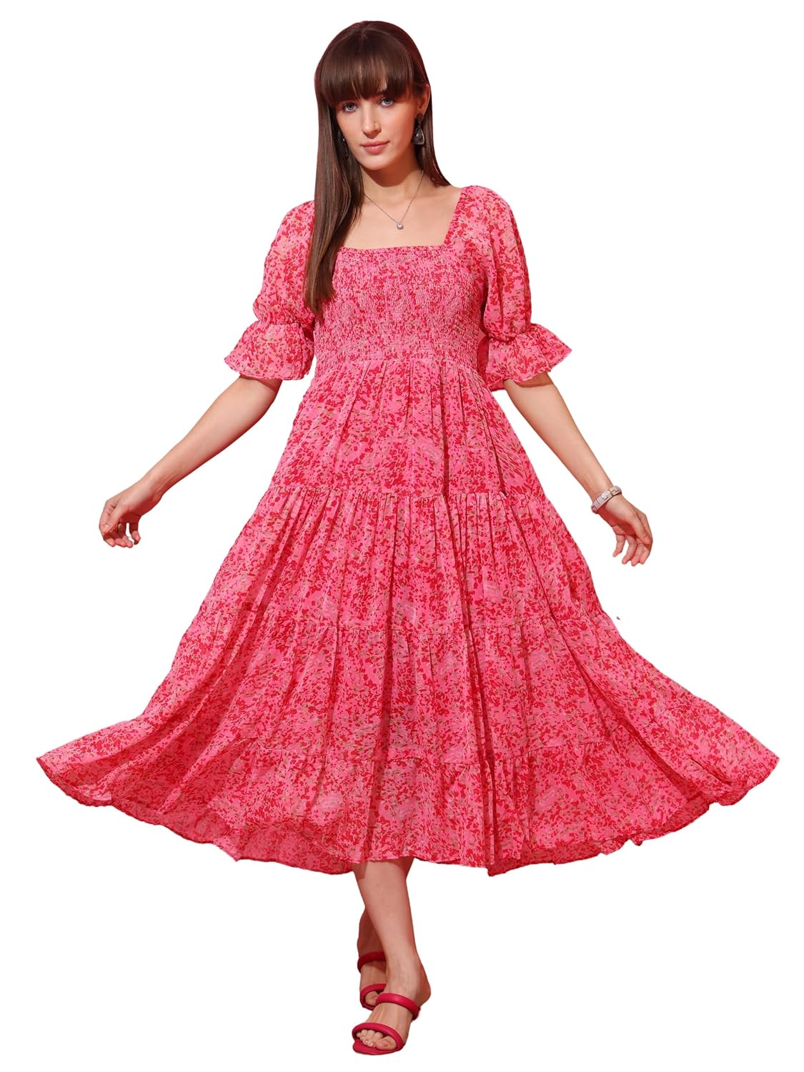 Sheetal Associates Women’s Georgette Midi Dress | Flowy Fit & Flare with Puff Sleeves & Tiered Hem | Elegant Lightweight O... - Review, Price and Buying Guide